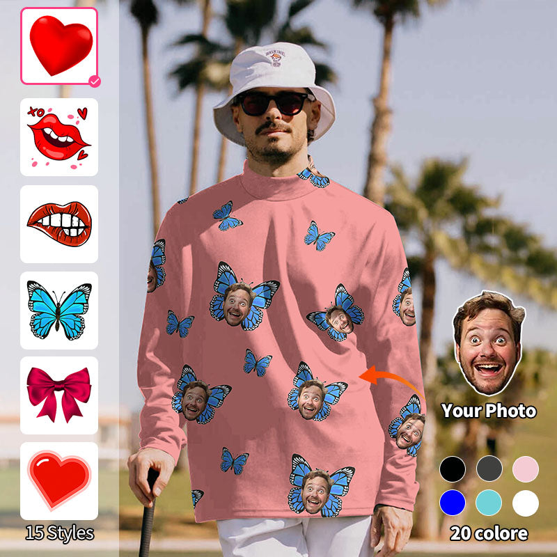 Valentine's Day Men's Custom Photo Face Custom Color Hot Pink Love Pullover High Neck Long/Short Sleeve T-Shirt