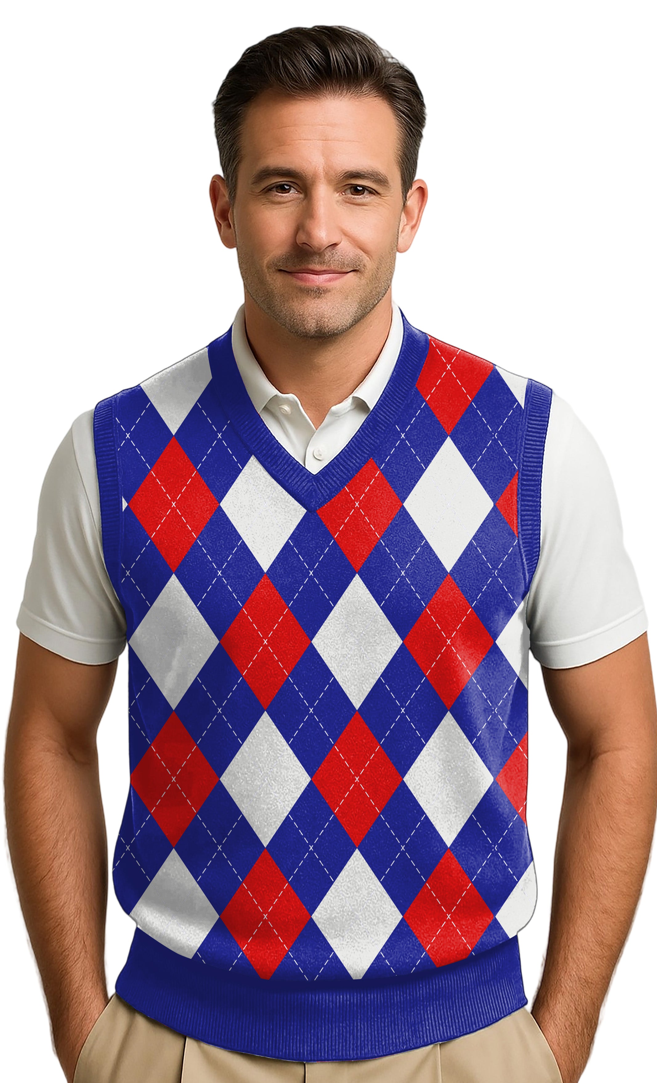 Men's Argyle Wool Sweater Vest - Mens Royal/Red/White