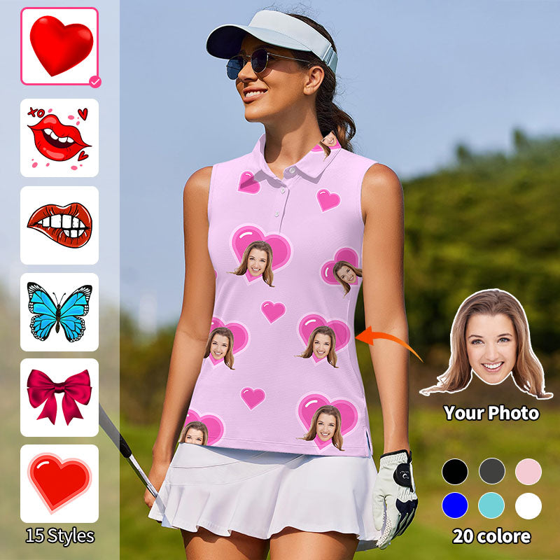 Valentine's Day Custom Photo Face Custom Color Purple White Women's golf Sleeveless shirt