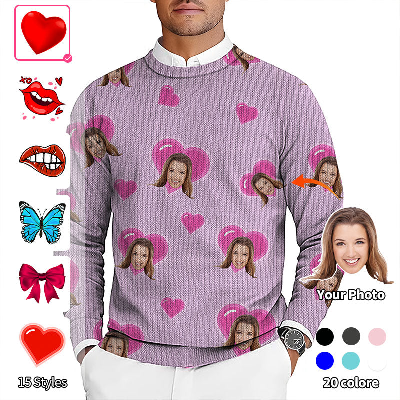 Valentine's Day Custom Photo Face Custom Color Purple Men's Golf Crewneck Pullover Sweaters Ugly Sweater