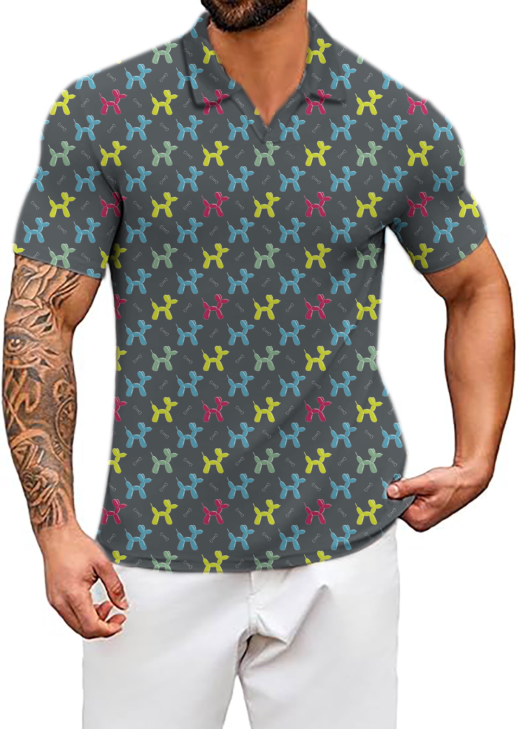 Men's Colorful Balloon Dog V Neck Golf Polo Shirts