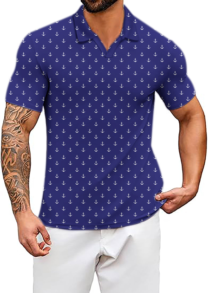 Men's Coconut Palm navy blue polo shirt with white anchor print, four-way stretch, moisture-wicking, wrinkle-resistant, and UPF 40+ protection.