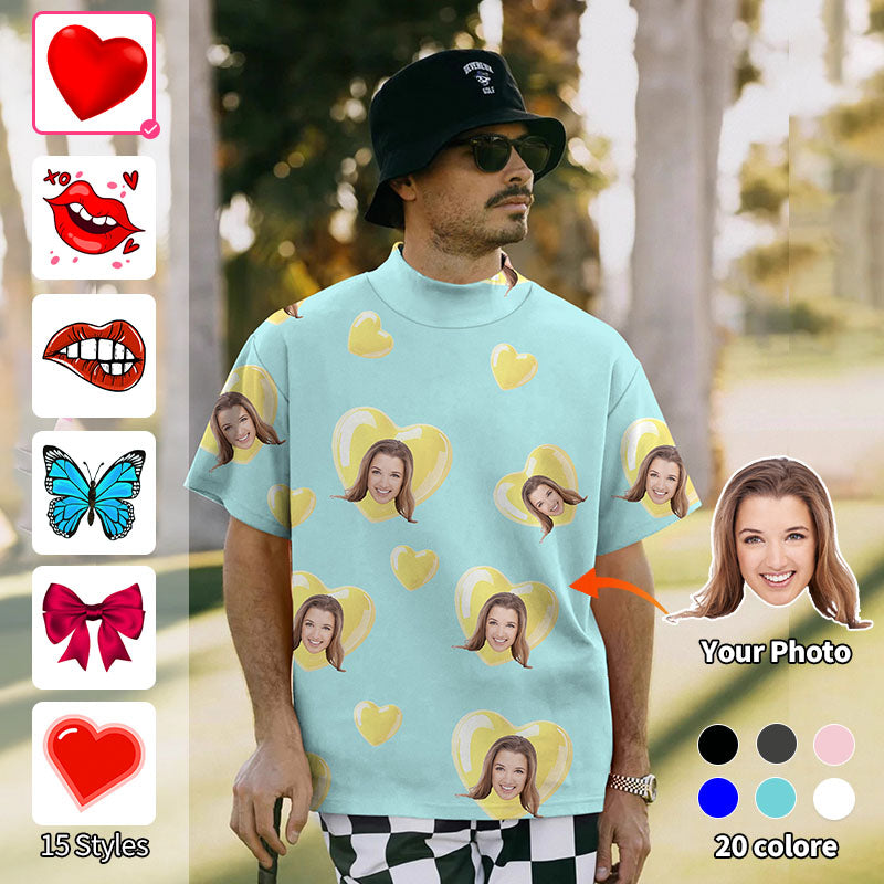 Valentine's Day Men's Custom Photo Face Custom Color Green Blue Love Pullover High Neck Long/Short Sleeve T-Shirt