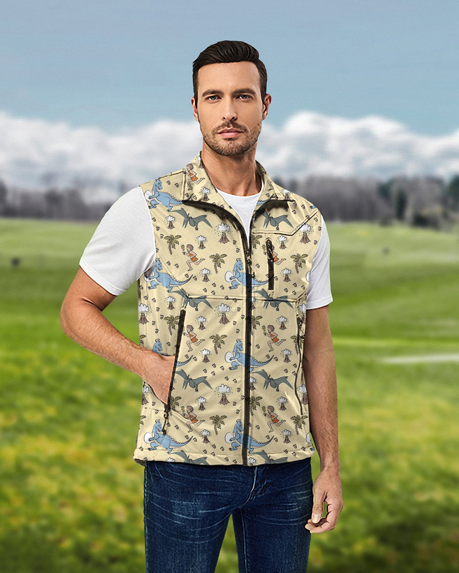 Men's dinosaur wild man volcano Lightweight Softshell Vest Sleeveless Jacket for Golf Windproof Waterproof