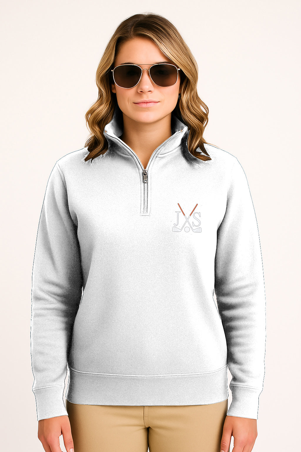 Plus size white high neck hoodie with embroidered golf clubs and initials, solid color embroidery sweatshirt for women