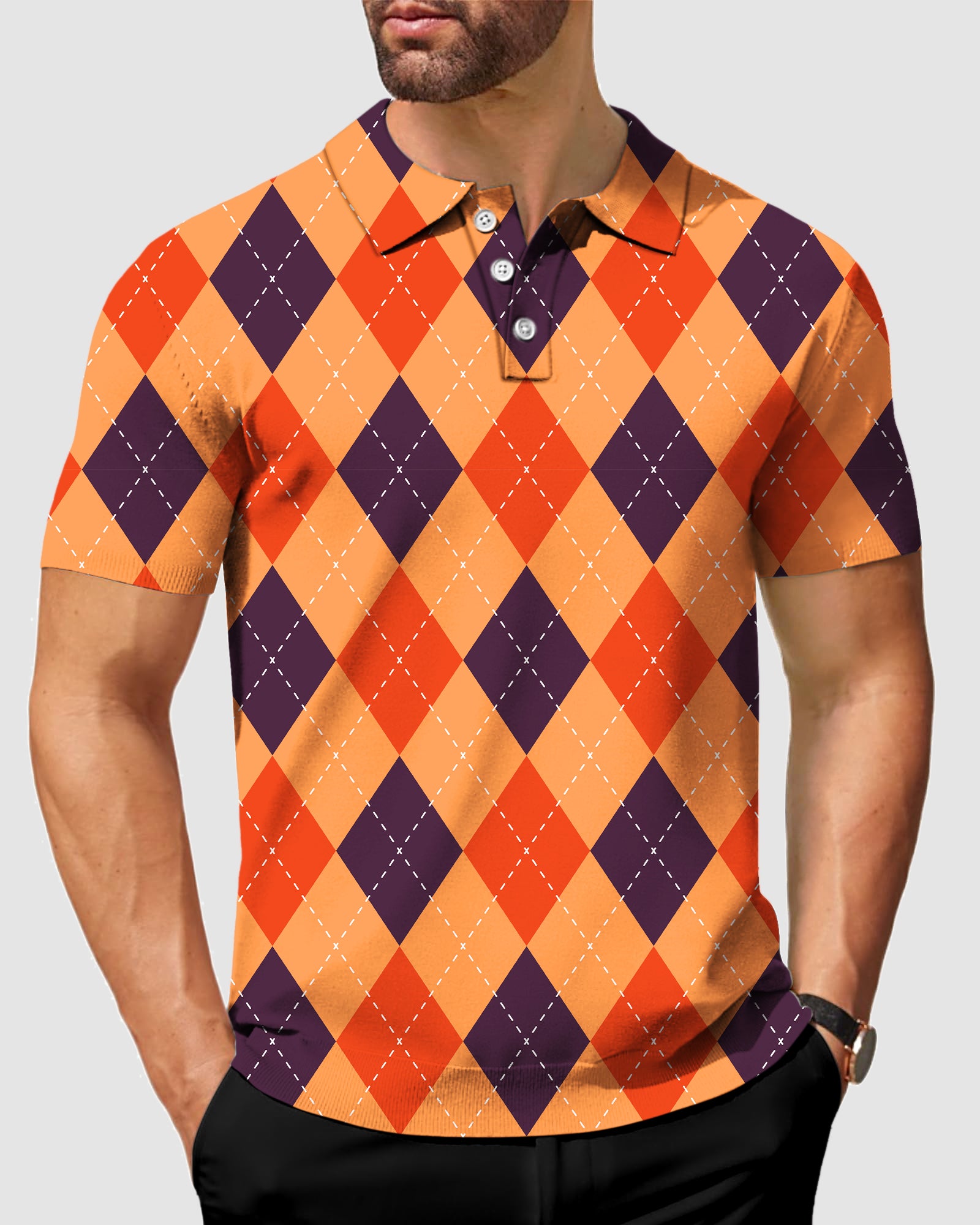 Men's Halloween Black Red Orange Argyle Polo