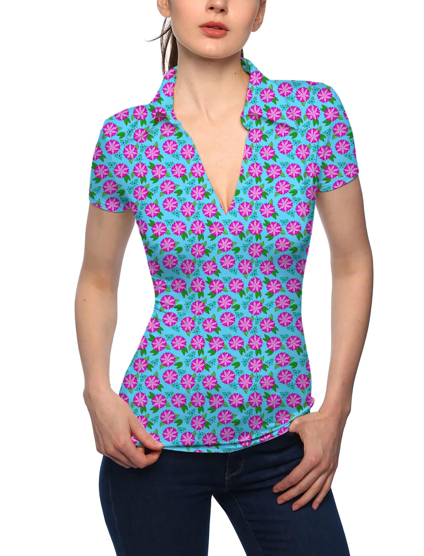 Women's flower V Neck Golf Polo