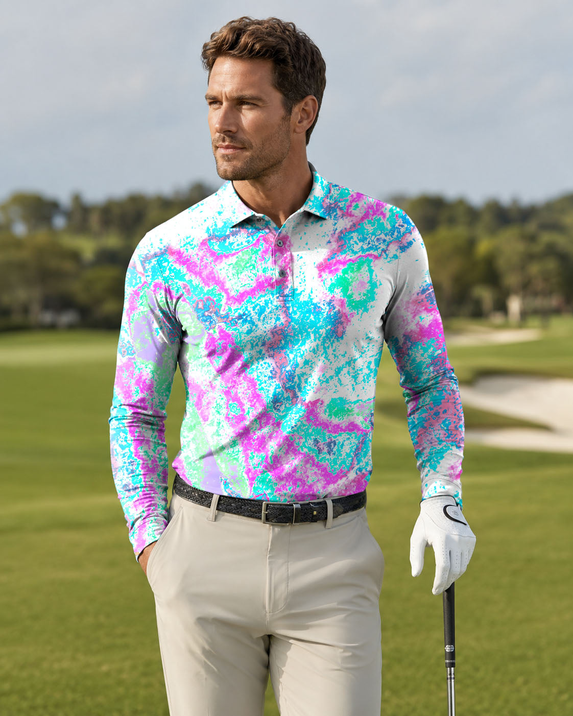 Men's vintage fractal golf Long-sleeved Polo