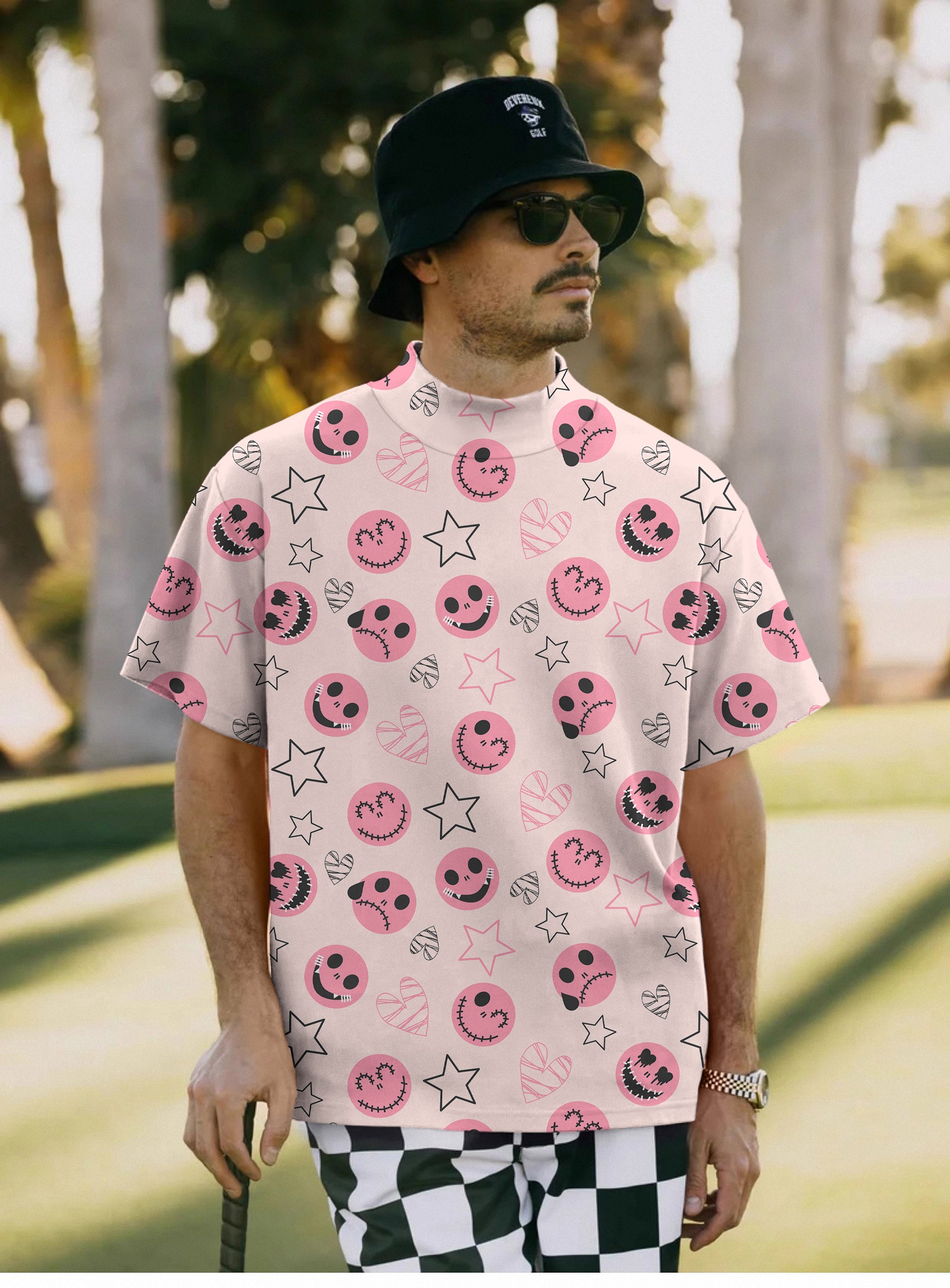 Men's Halloween pink smiley face Mock Neck Long/Short Sleeve Golf Tops