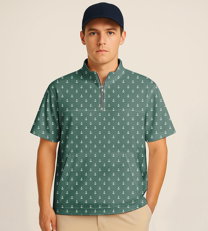 Green half zipper turtleneck golf shirt with anchor embroidery and short sleeves