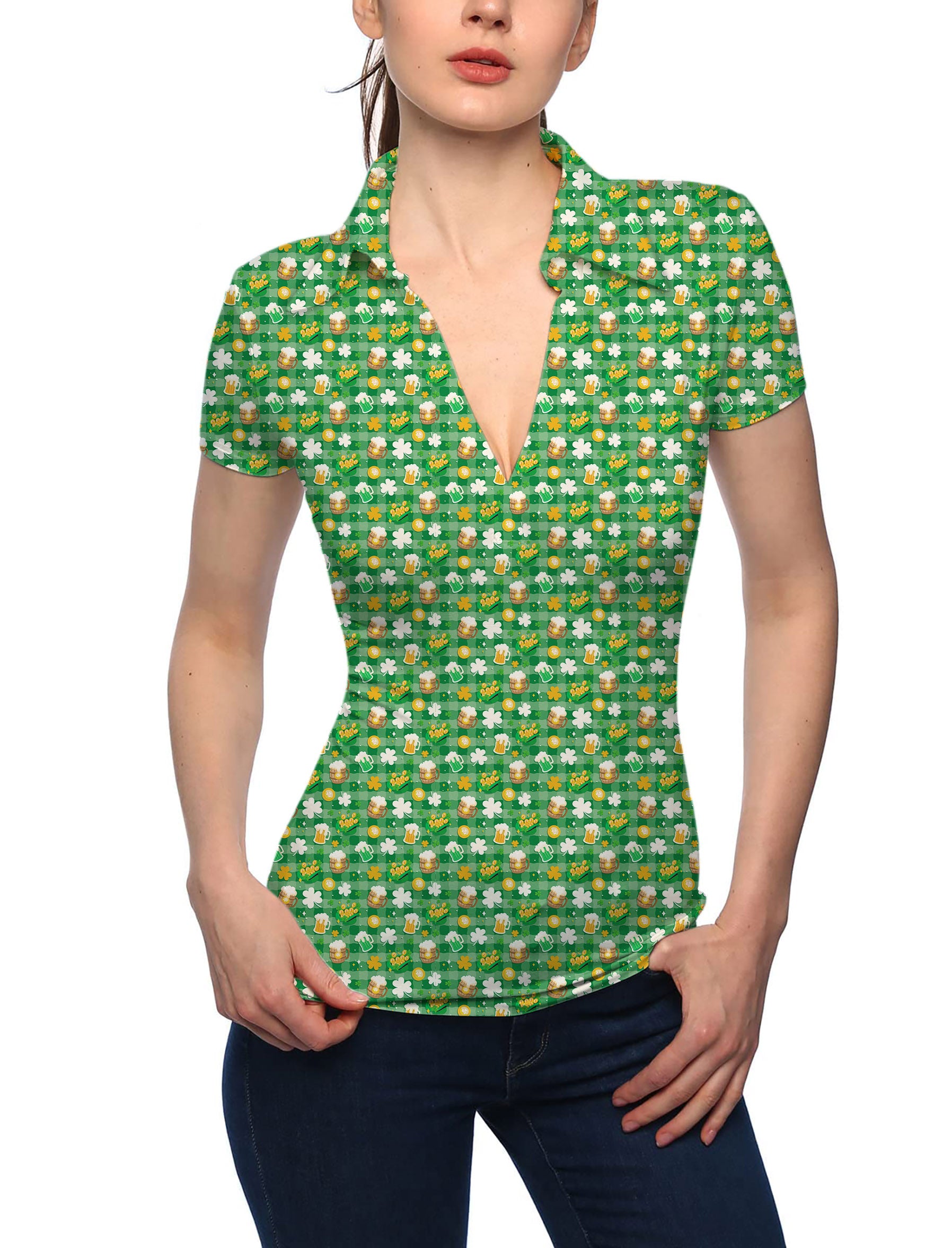 Women's Green beer and clover leaf St. Patrick's Day V Neck Golf Polo