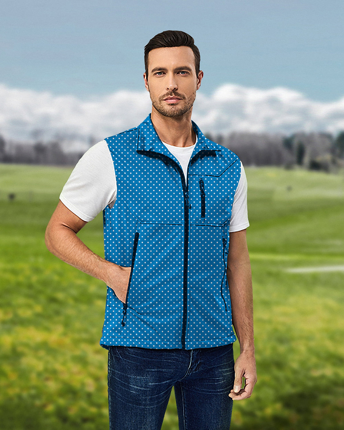 Men's Sky blue with white polka dots Lightweight Softshell Vest Sleeveless Jacket for Golf Windproof Waterproof