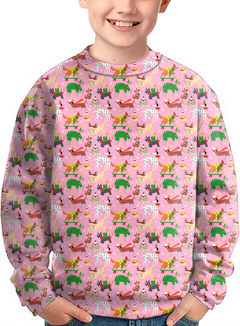 Kids Christmas dog crewneck pullover with colorful holiday dog pattern and pink background