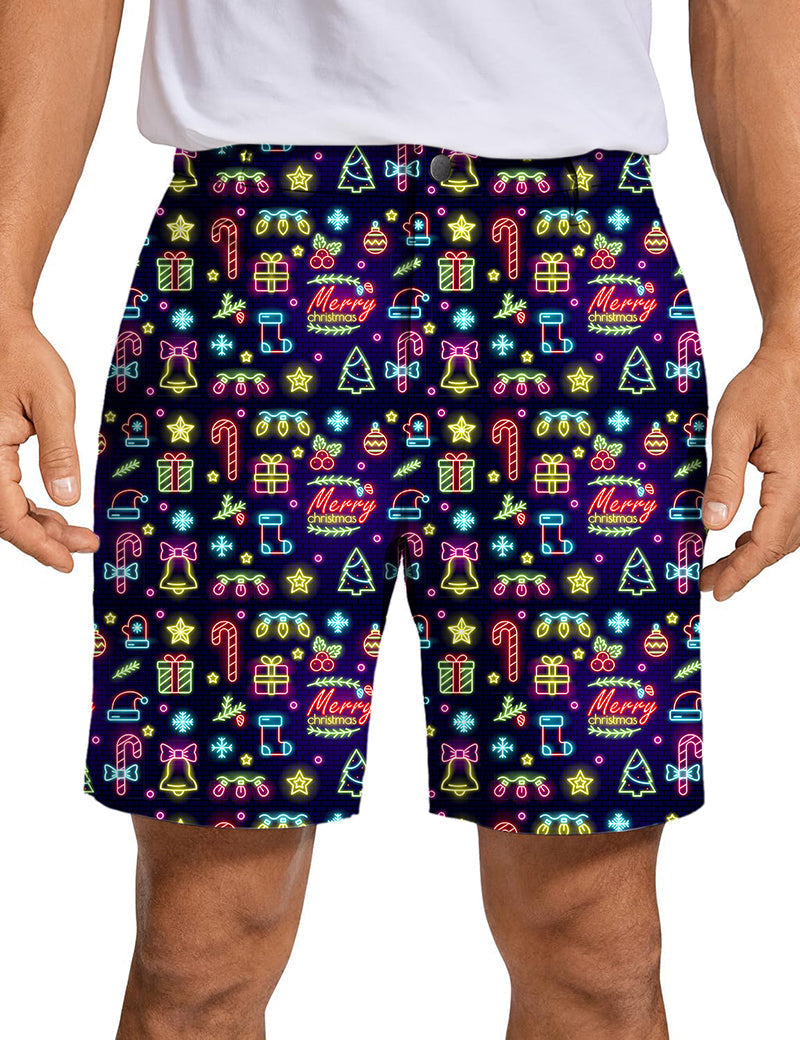 Men's Neon Merry Christmas golf shorts with vibrant neon holiday patterns, quick-dry and lightweight fabric.