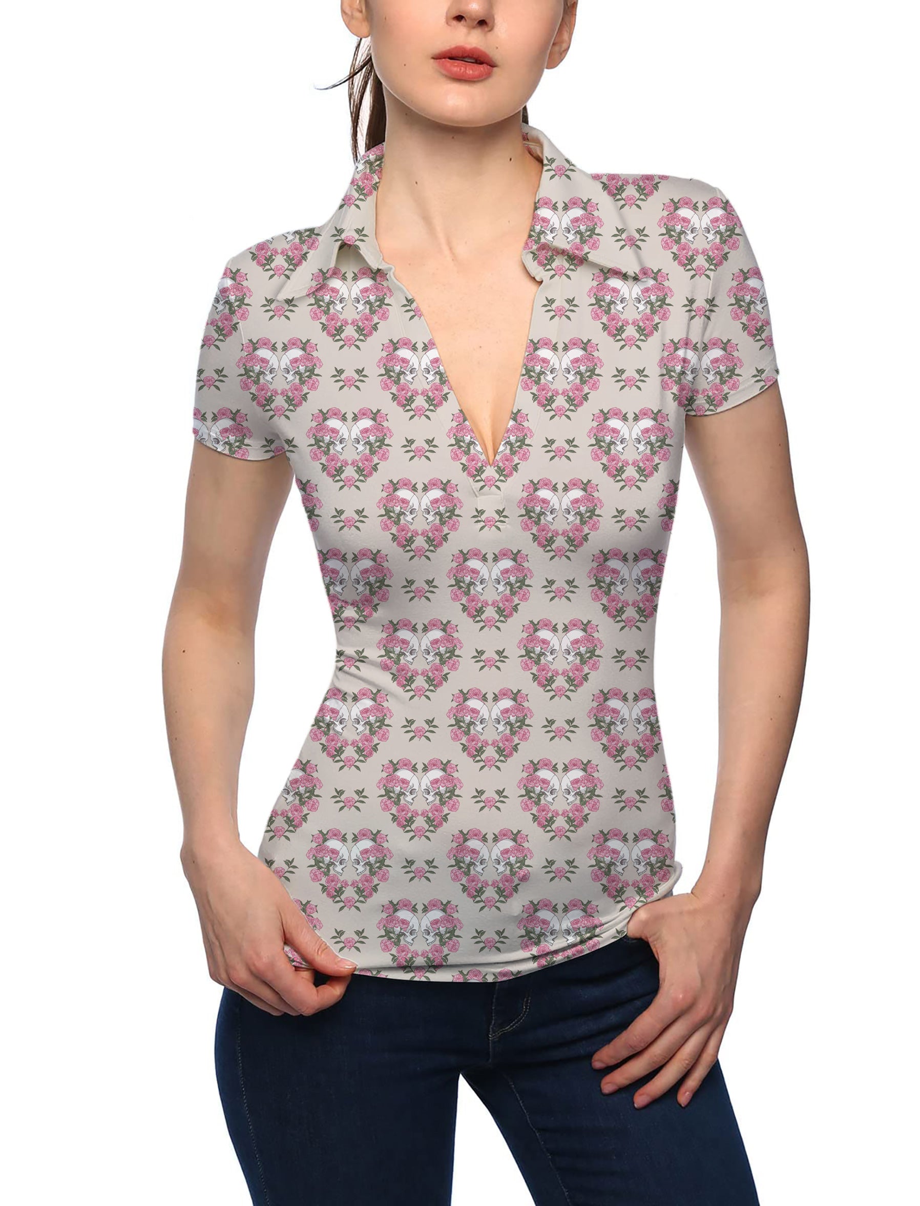 Women's Halloween Skull Rose V Neck Golf Polo