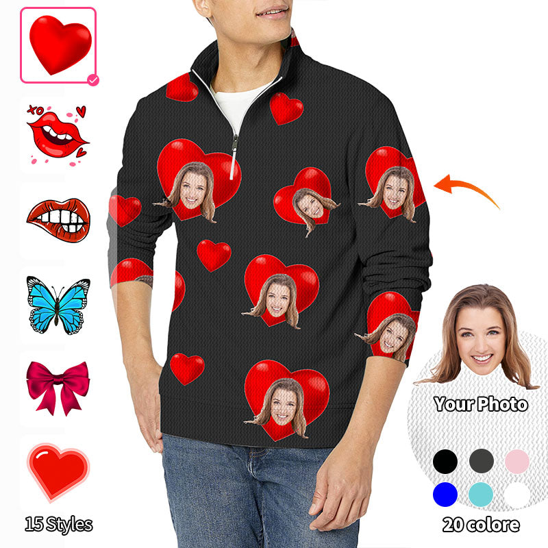 Valentine's Day Custom Photo Face Custom Color Black Love Men's Golf Waffle Zipper Pullover