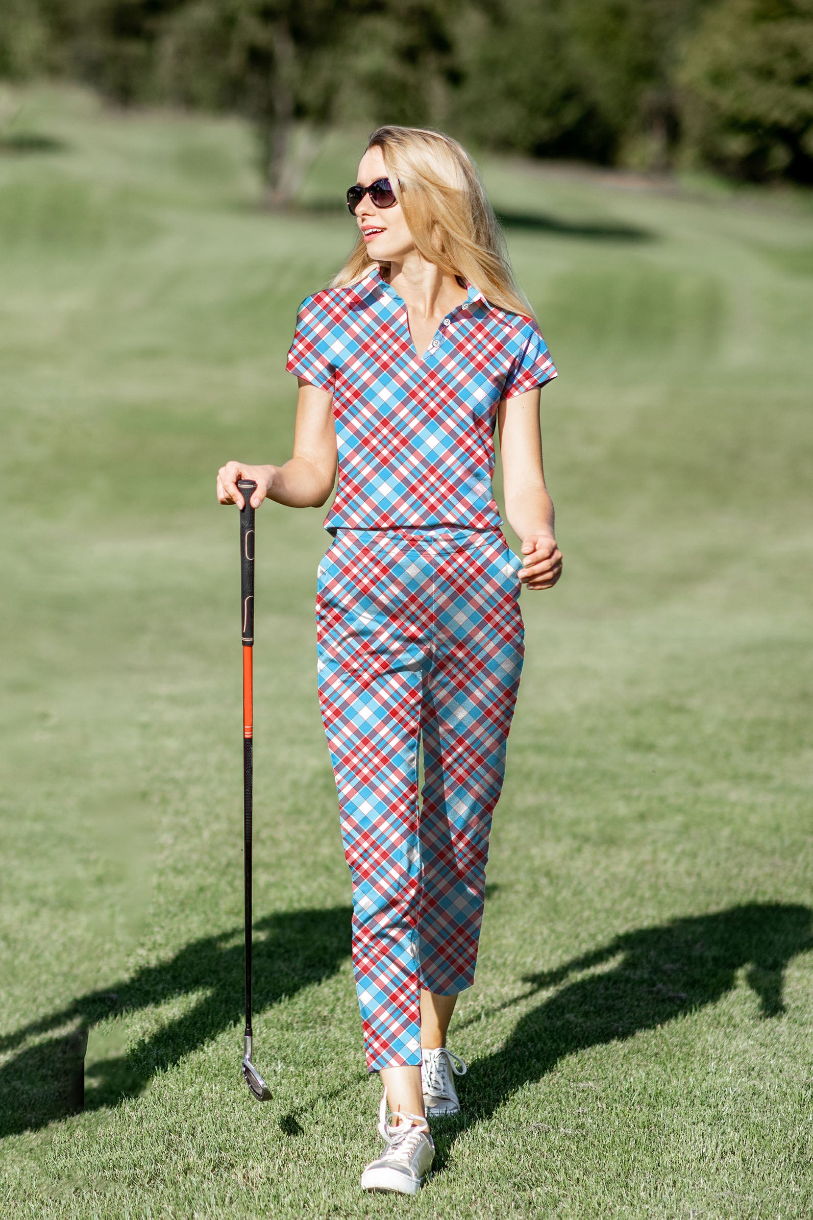 Women's Golf Polo+Pants Set Argyle red blue