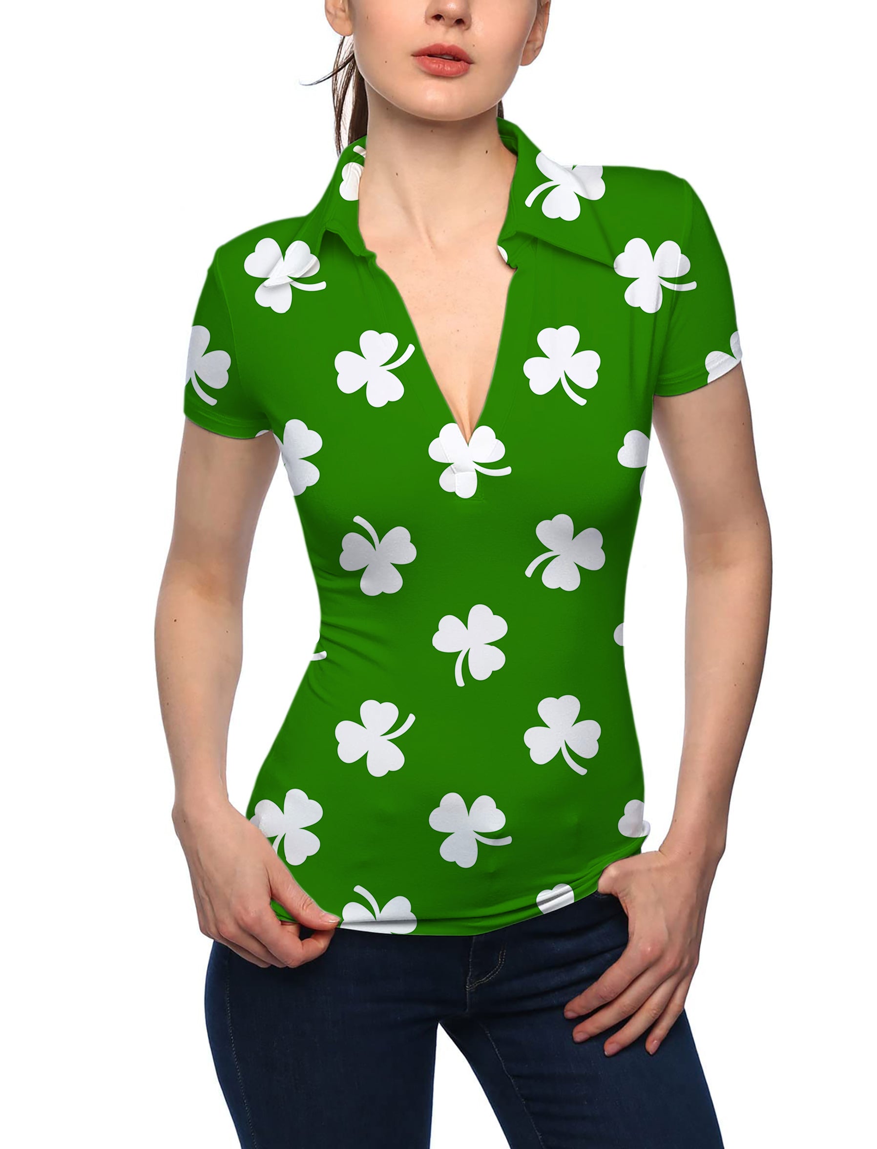 Women's Leaf clover St. Patrick's Day V Neck Golf Polo