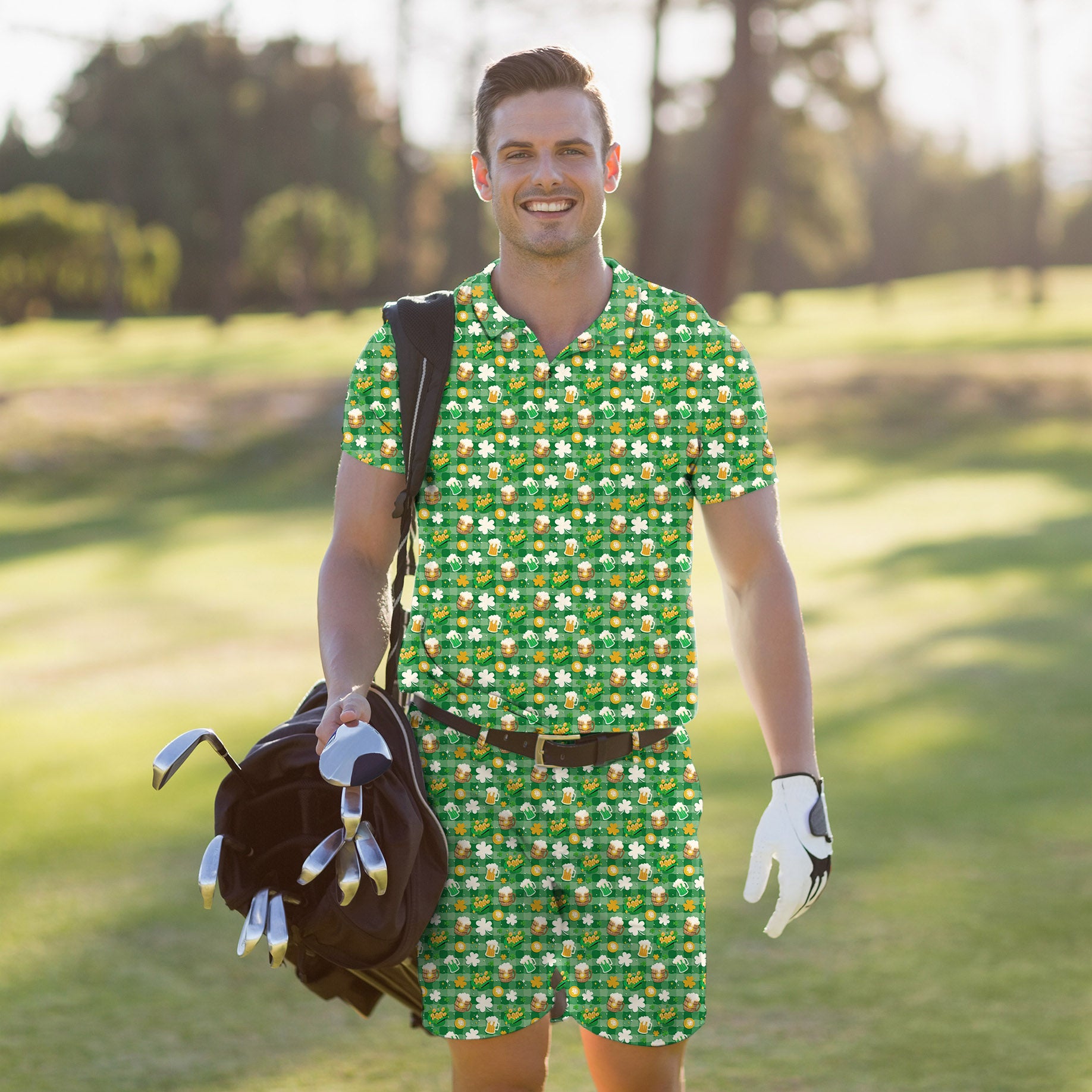 Men's Golf Set Polo+Shorts Green beer and clover leaf St. Patrick's Day