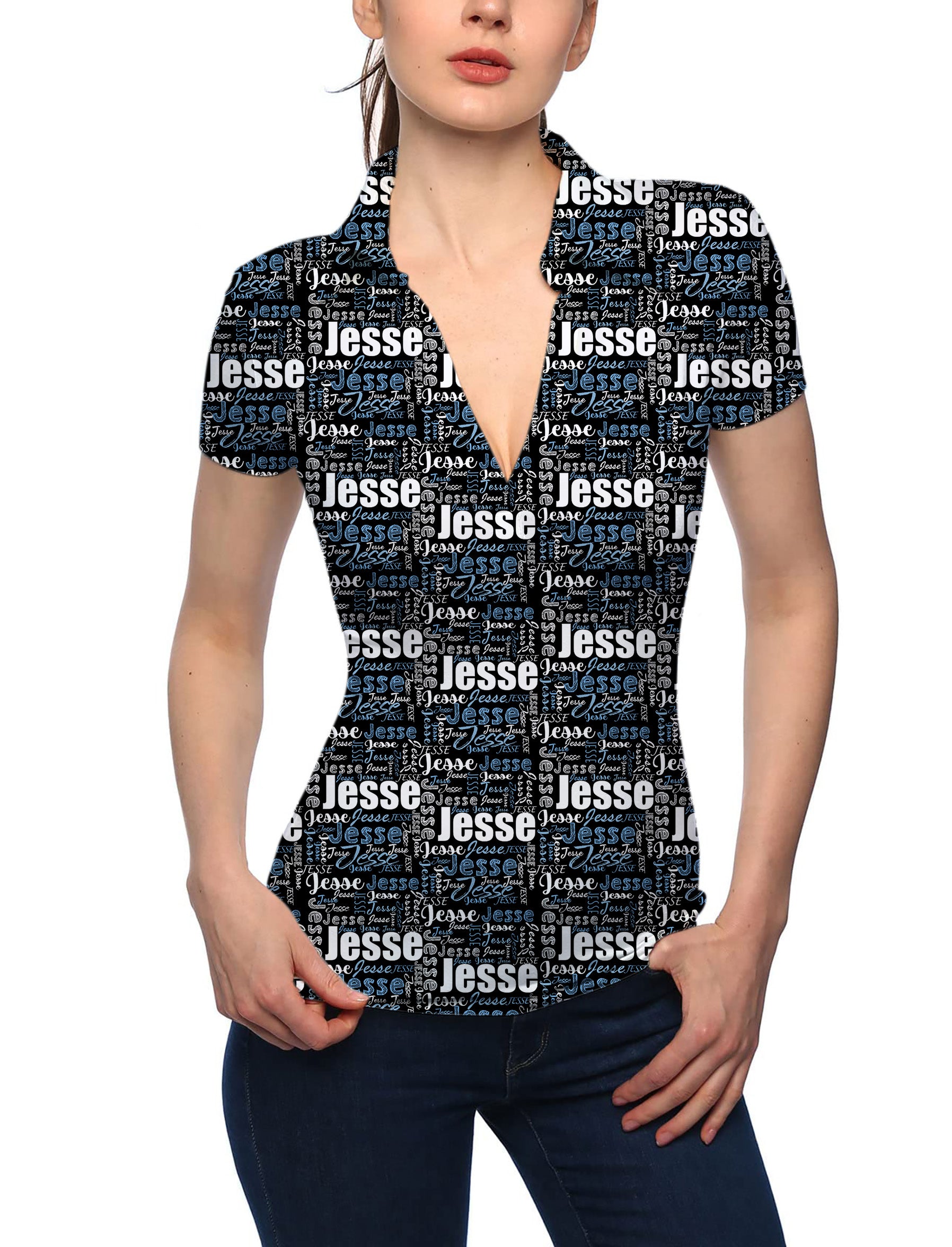 Women's Custom name black V Neck Golf Polo