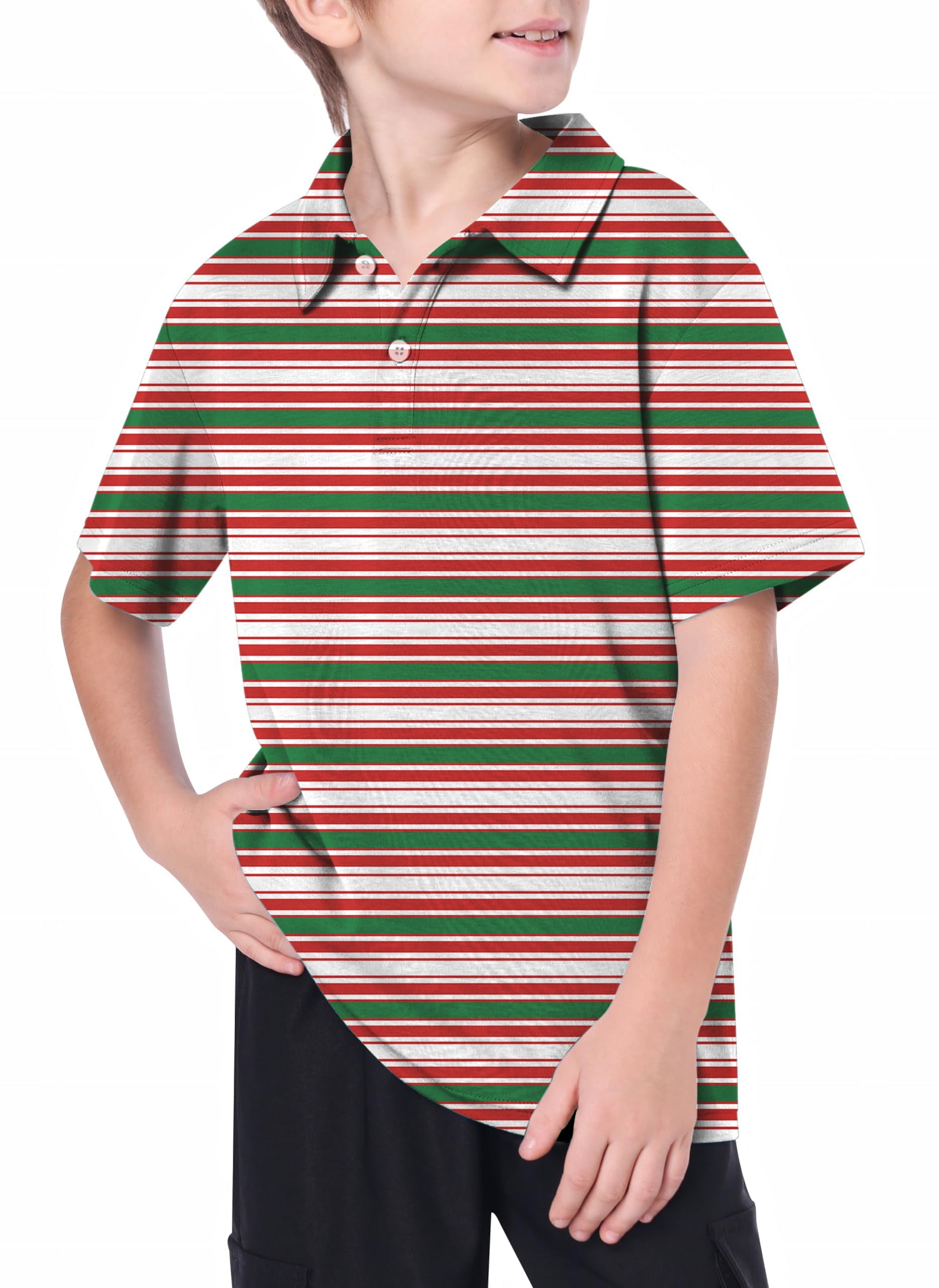 Youth wearing striped Christmas golf polo with red, white, and green stripes and short sleeves