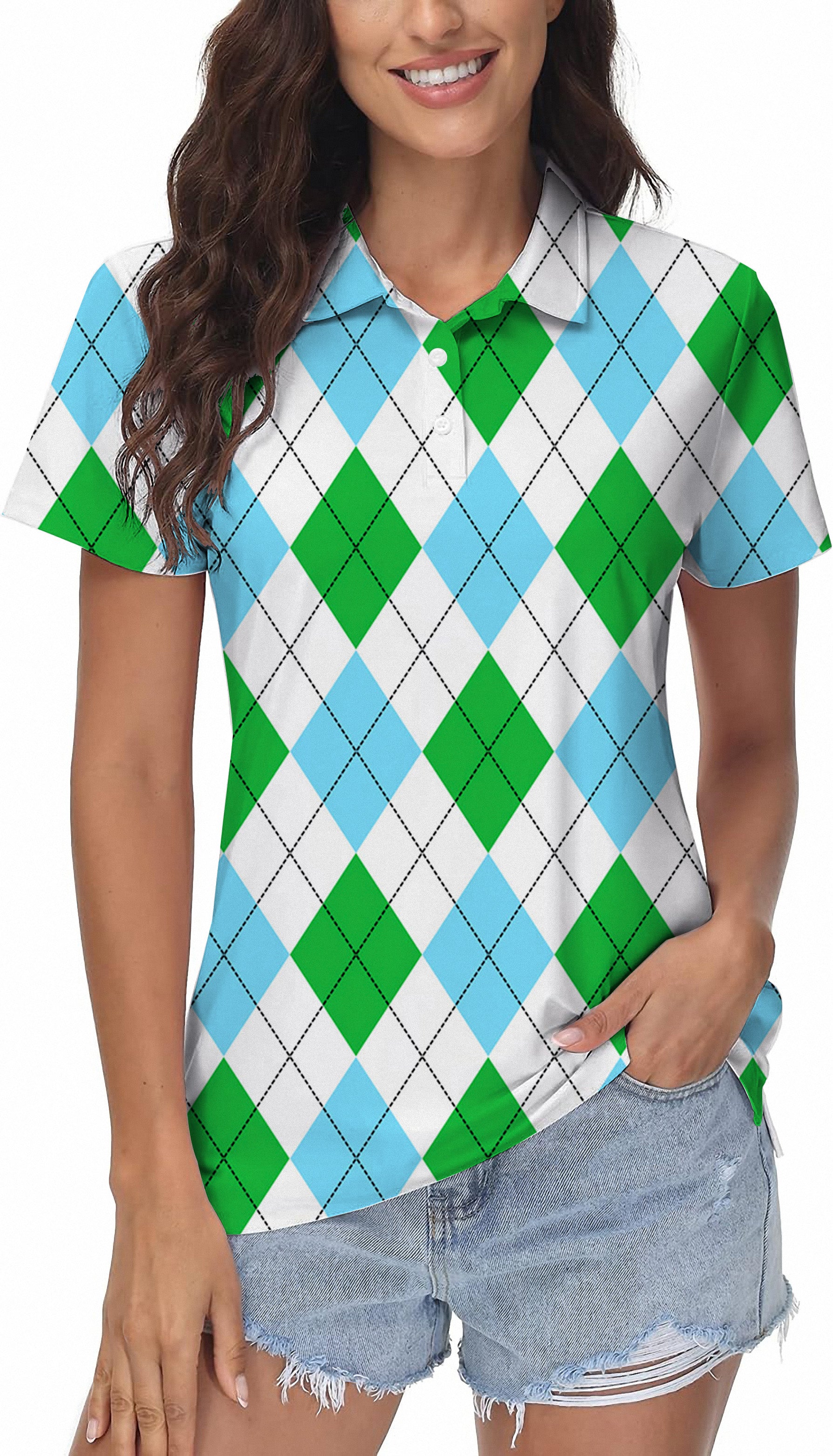 Green diamond grid Women's Golf Polo