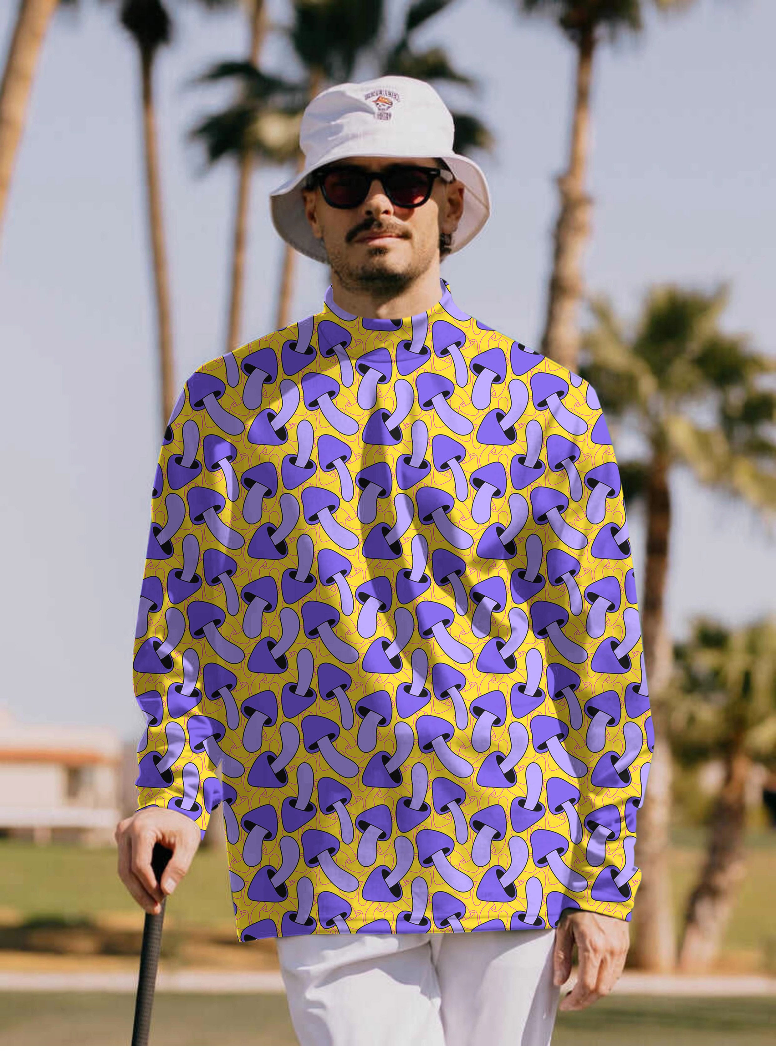 Men's Psychedelic Mushroom Print Mock Neck Long/Short Sleeve Golf Tops