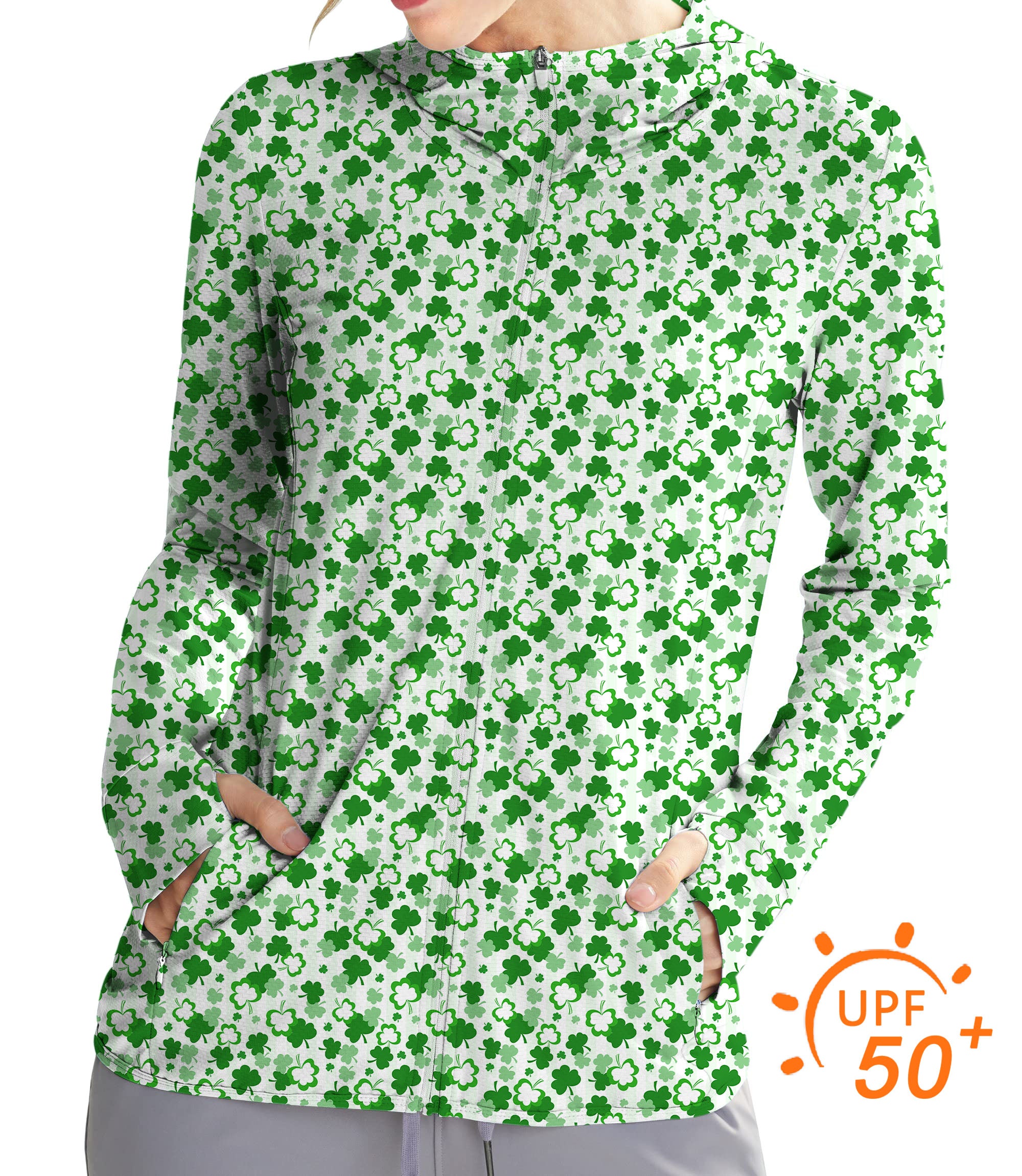 Women's Outdoor Leaf clover St. Patrick's Day Golf Sun Protection Slim Fit zip hoodies