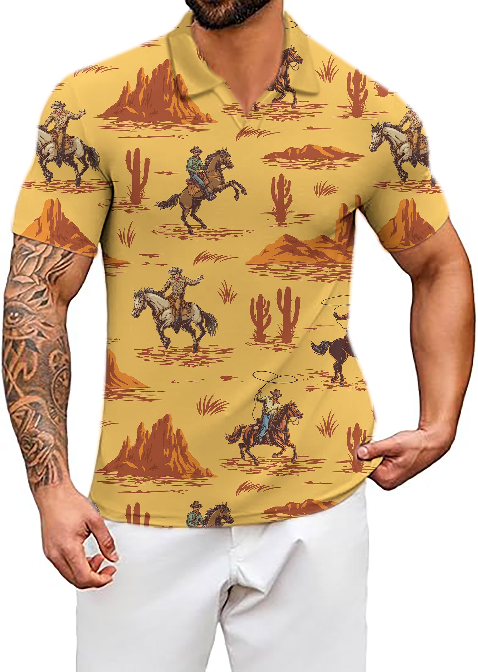 Men's west cowboy V Neck Golf Polo Shirts