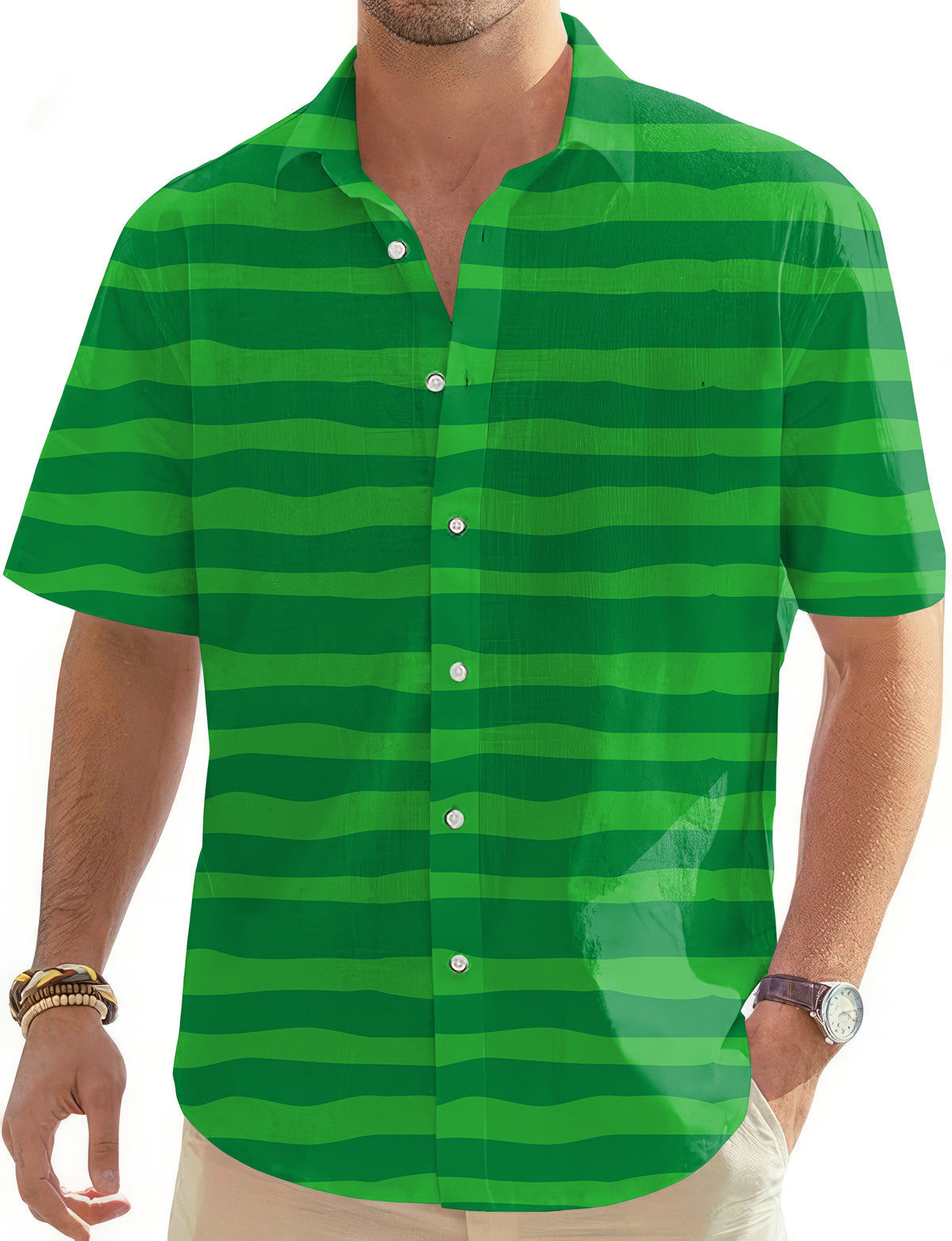 Horizontal watermelon stripes Men's Golf Hawaiian Shirts Button Down Shirt