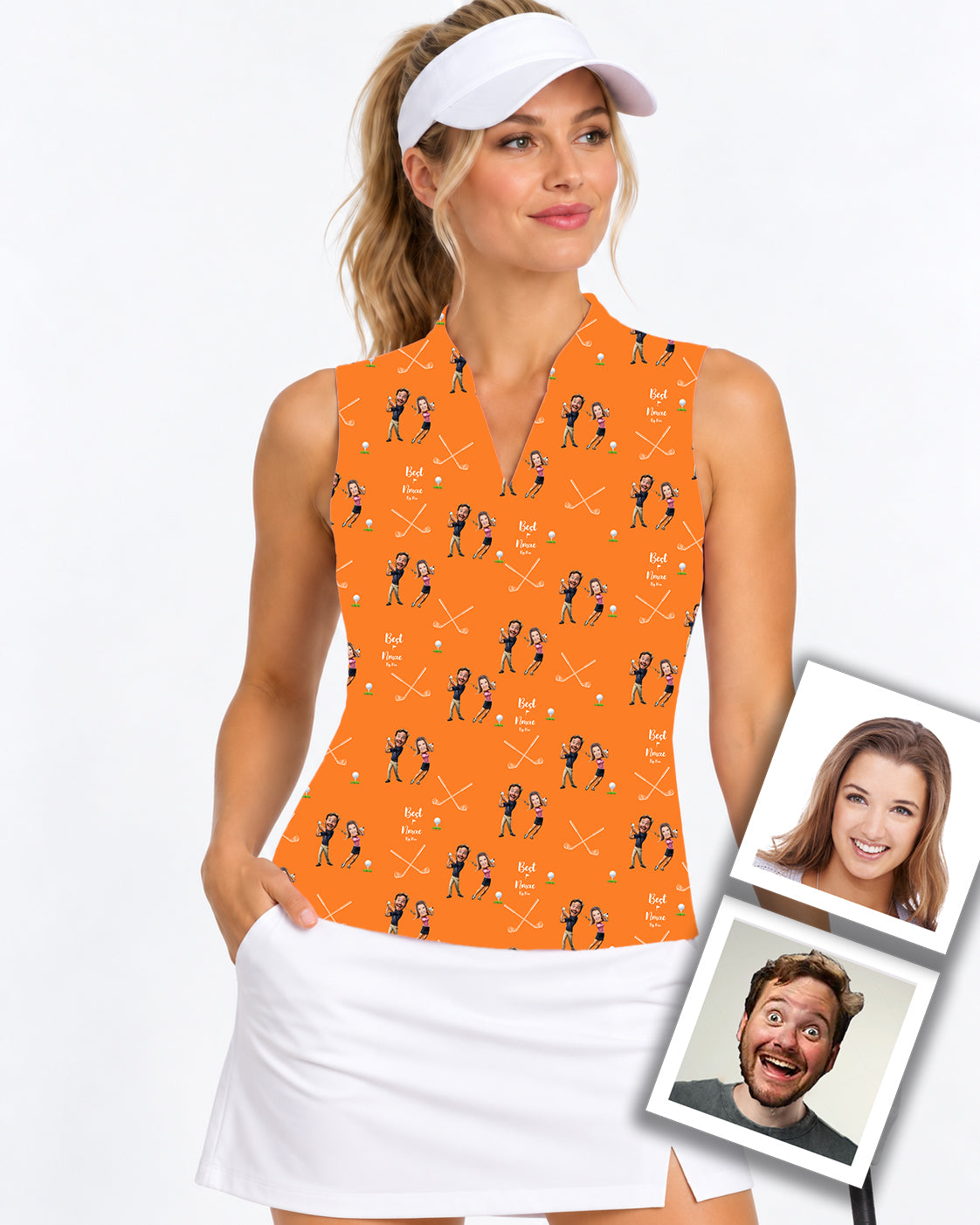 Custom Couple Photo Face & Name Women's V Notch Mock Neck Sleeveless Golf Athletic Blouse