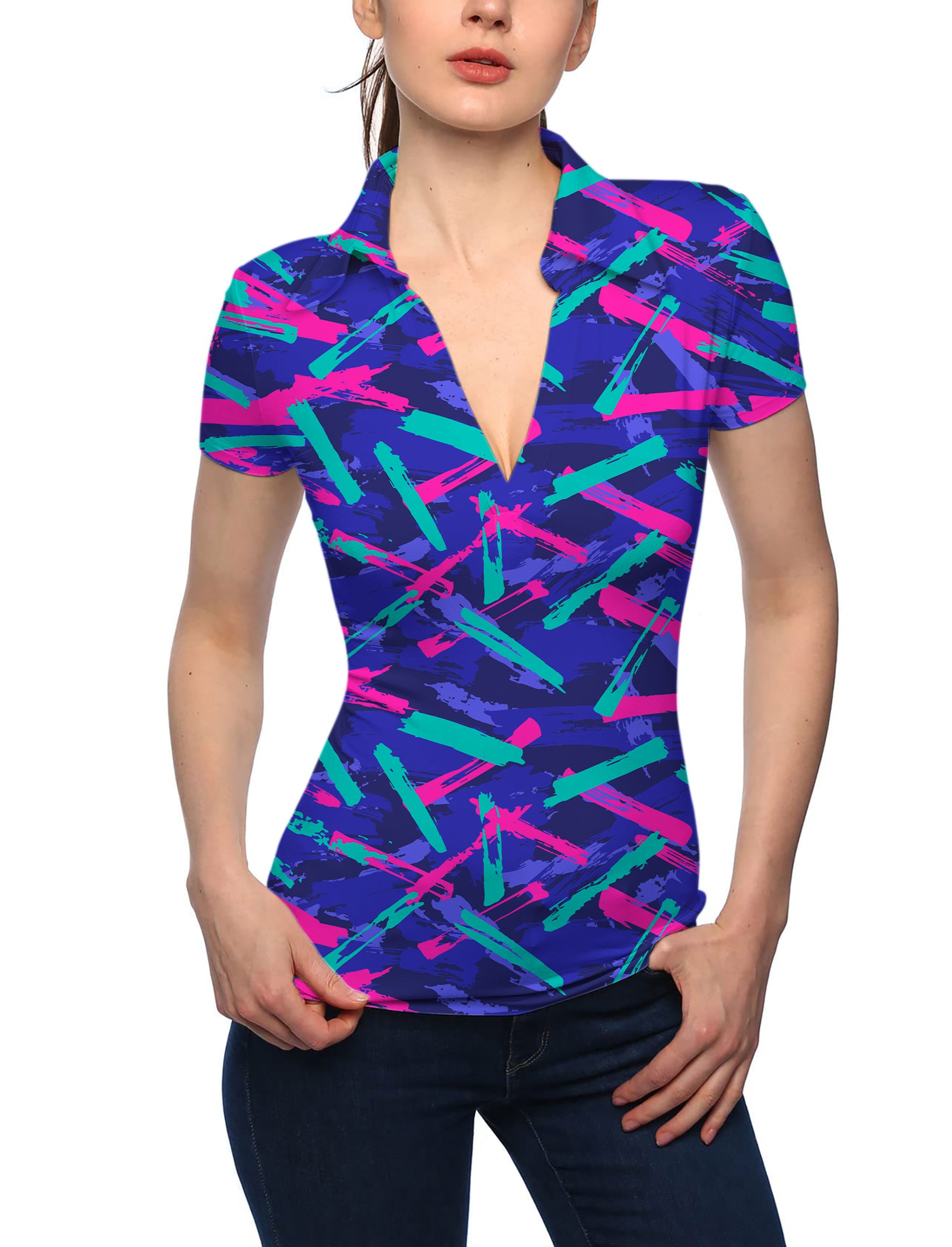 Women's 8 Track V Neck Golf Polo