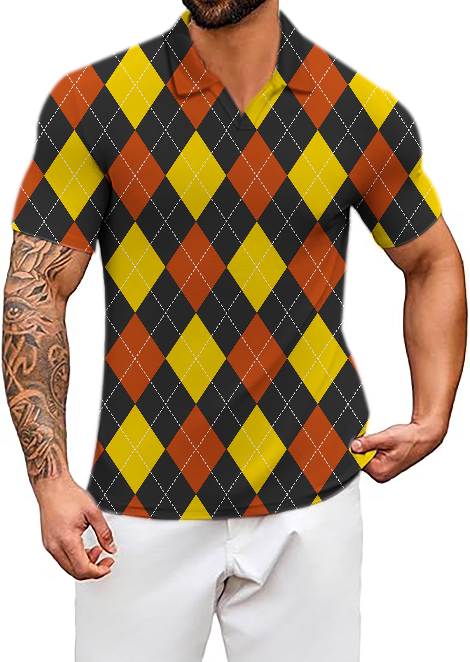 Men's red Argyle V Neck Golf Polo Shirts