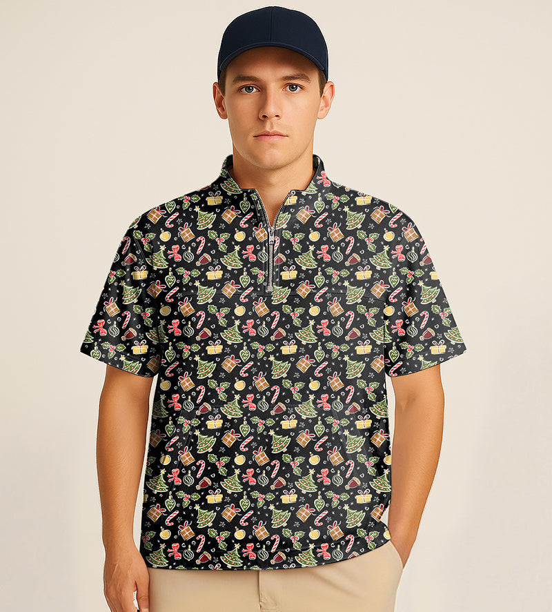 Men's half zipper turtleneck golf shirt with Christmas-themed embroidery pattern