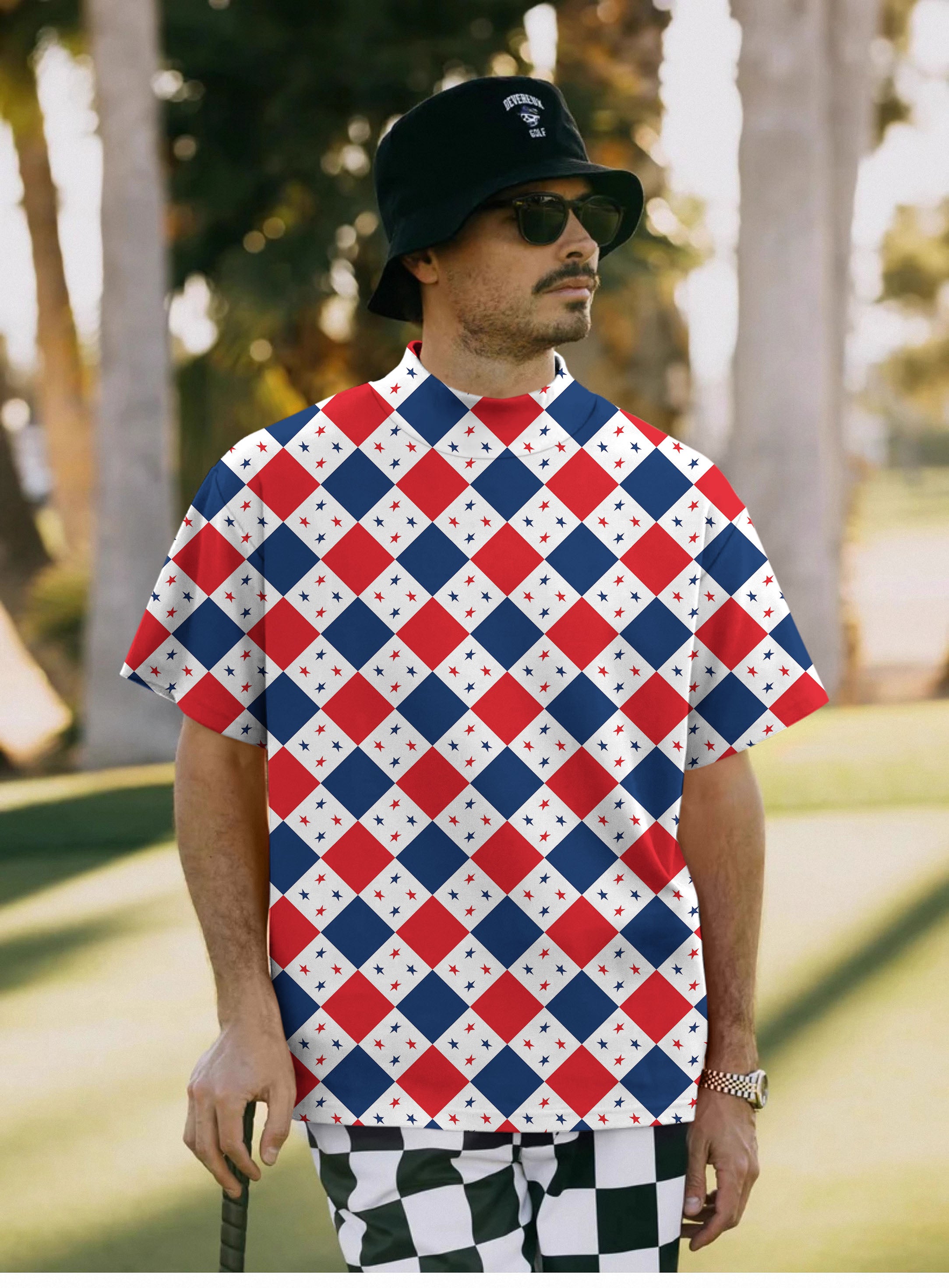 Men's Argyle US Star flag Pullover High neck Long/Short sleeve T-Shirt