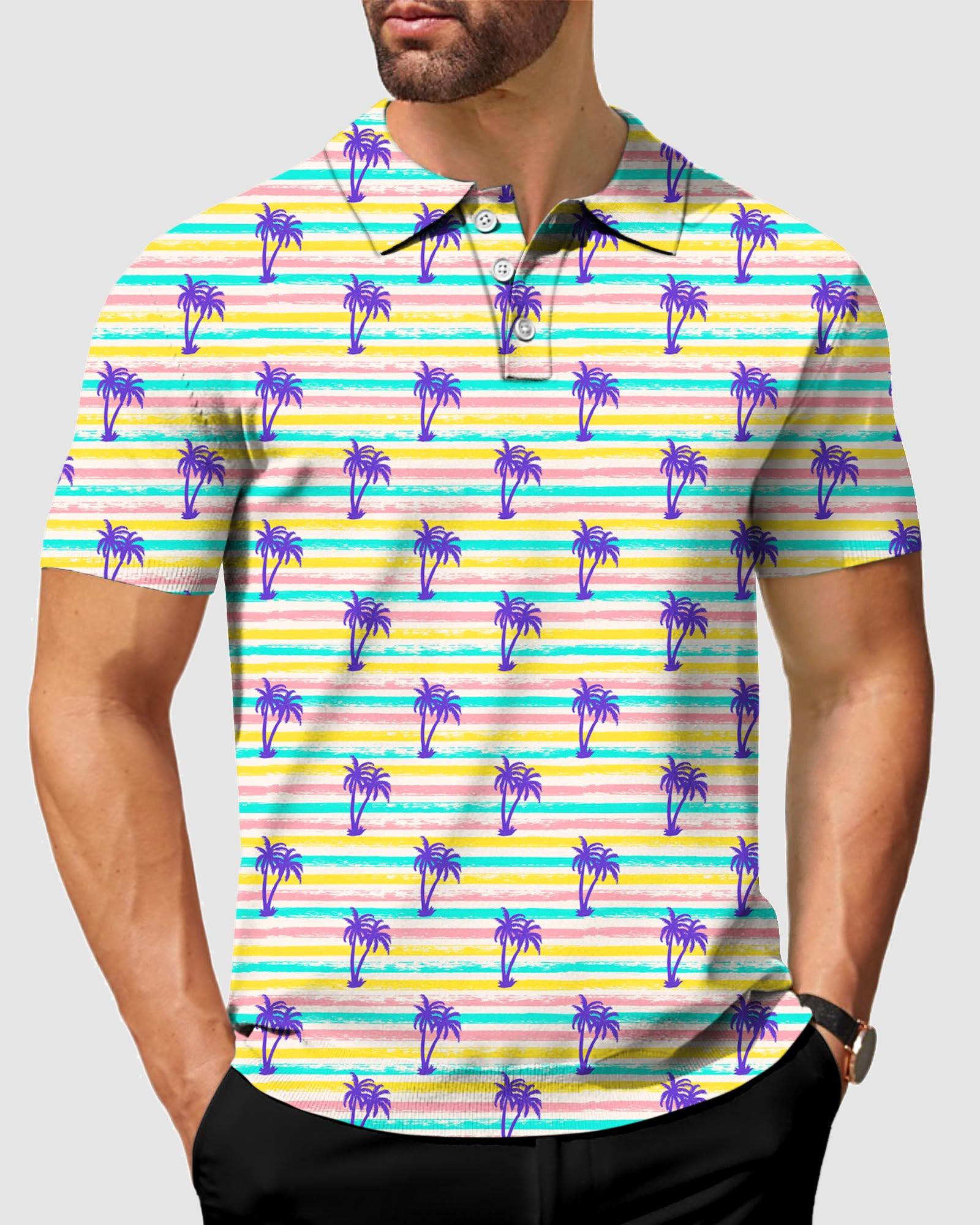 Men's Striped Summer Coconut trees golf polo