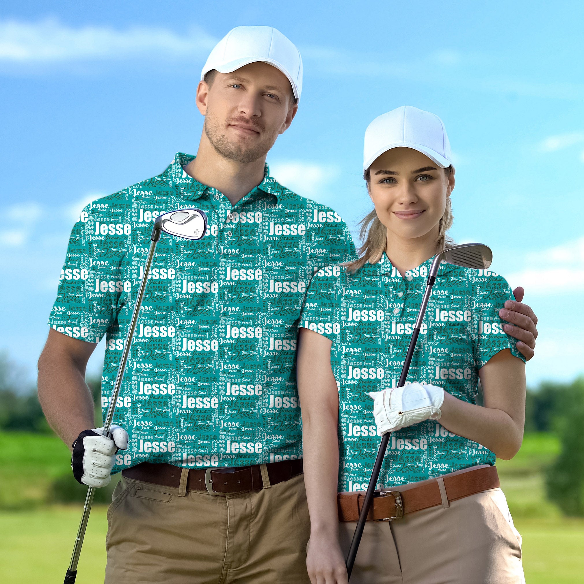 Golf Polo Couple Family set Custom name teal tournament