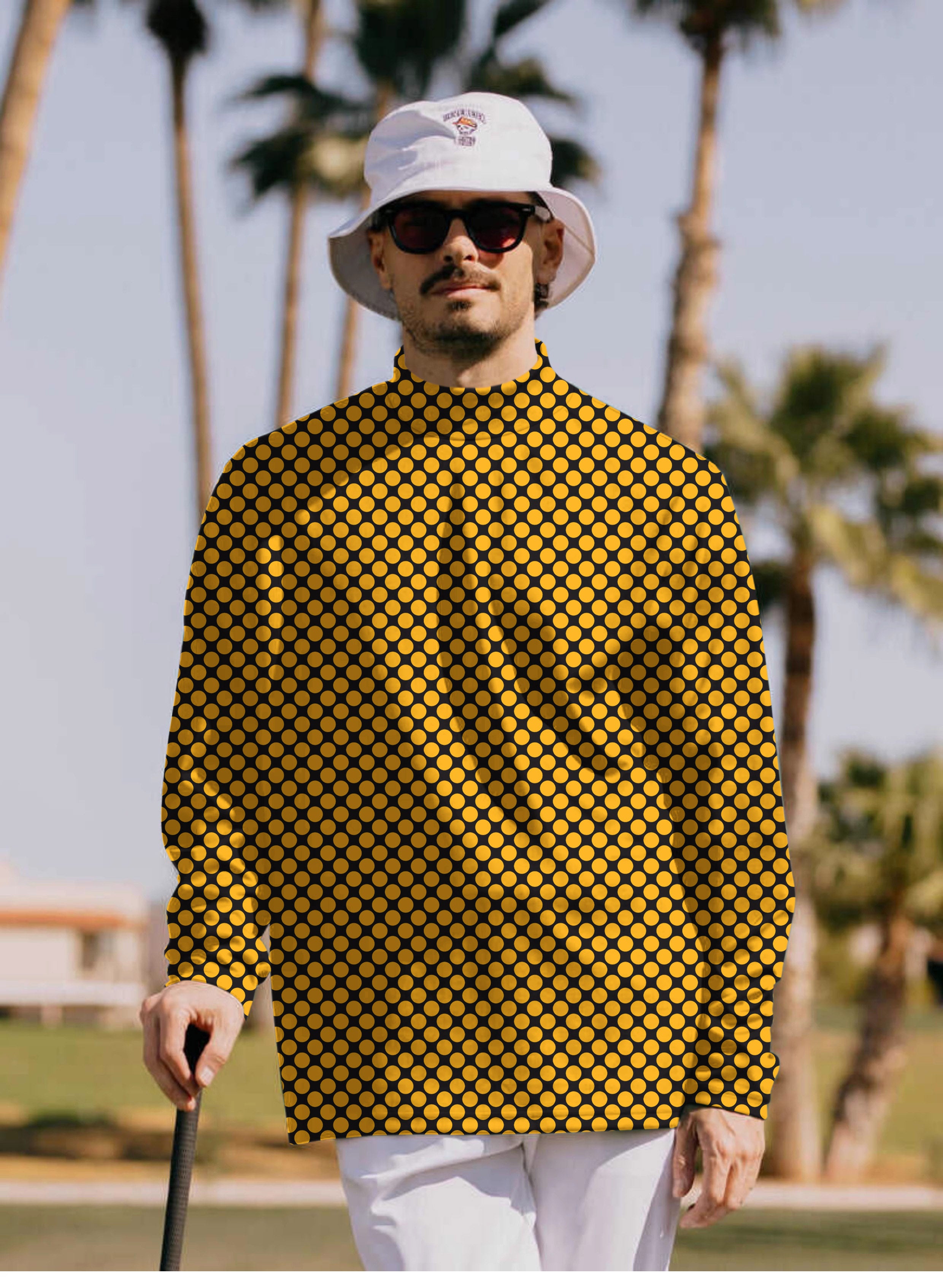 Men's Halloween black and yellow polka dots Mock Neck Long/Short Sleeve Golf Tops