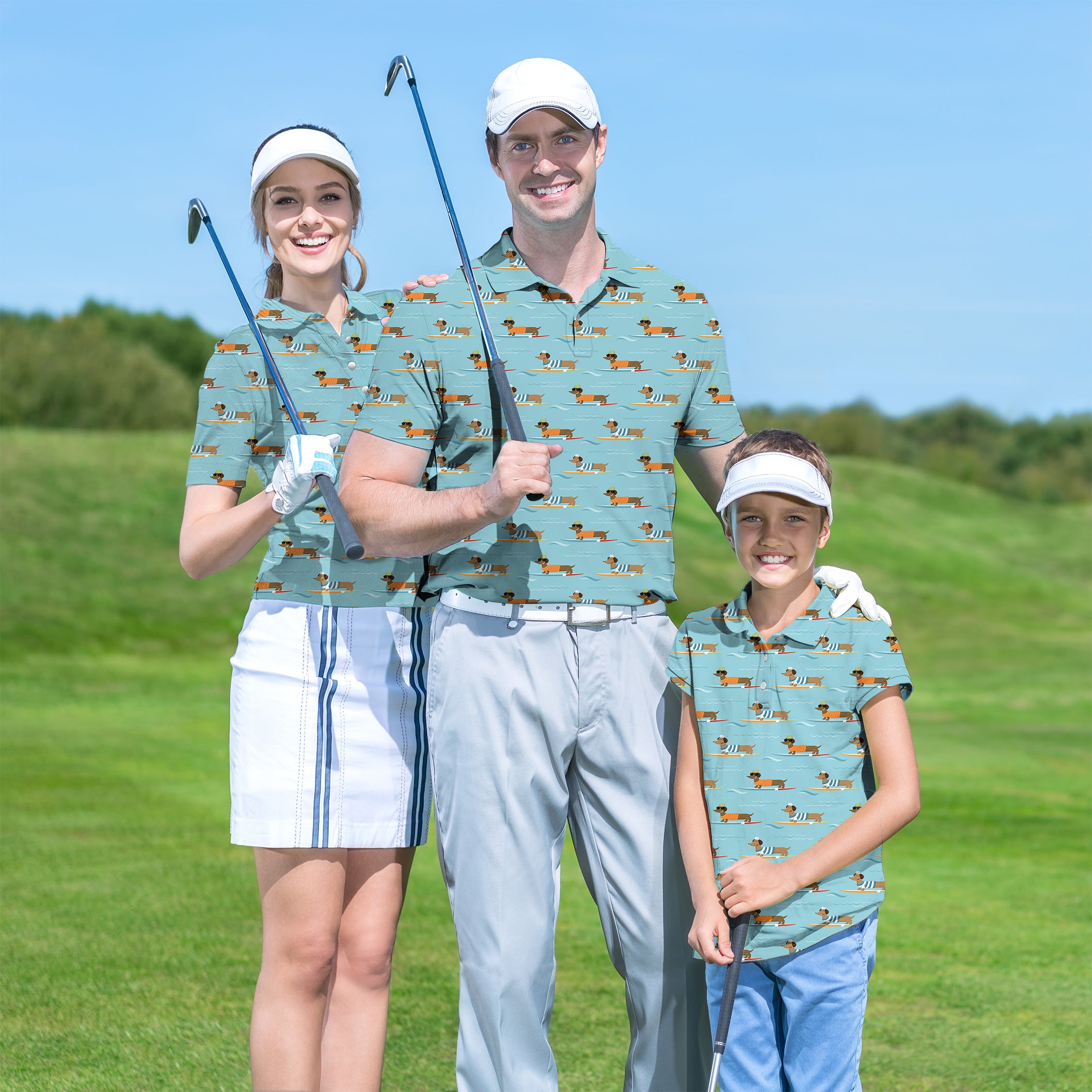 Golf Polo Family set Dachshund Surfing
