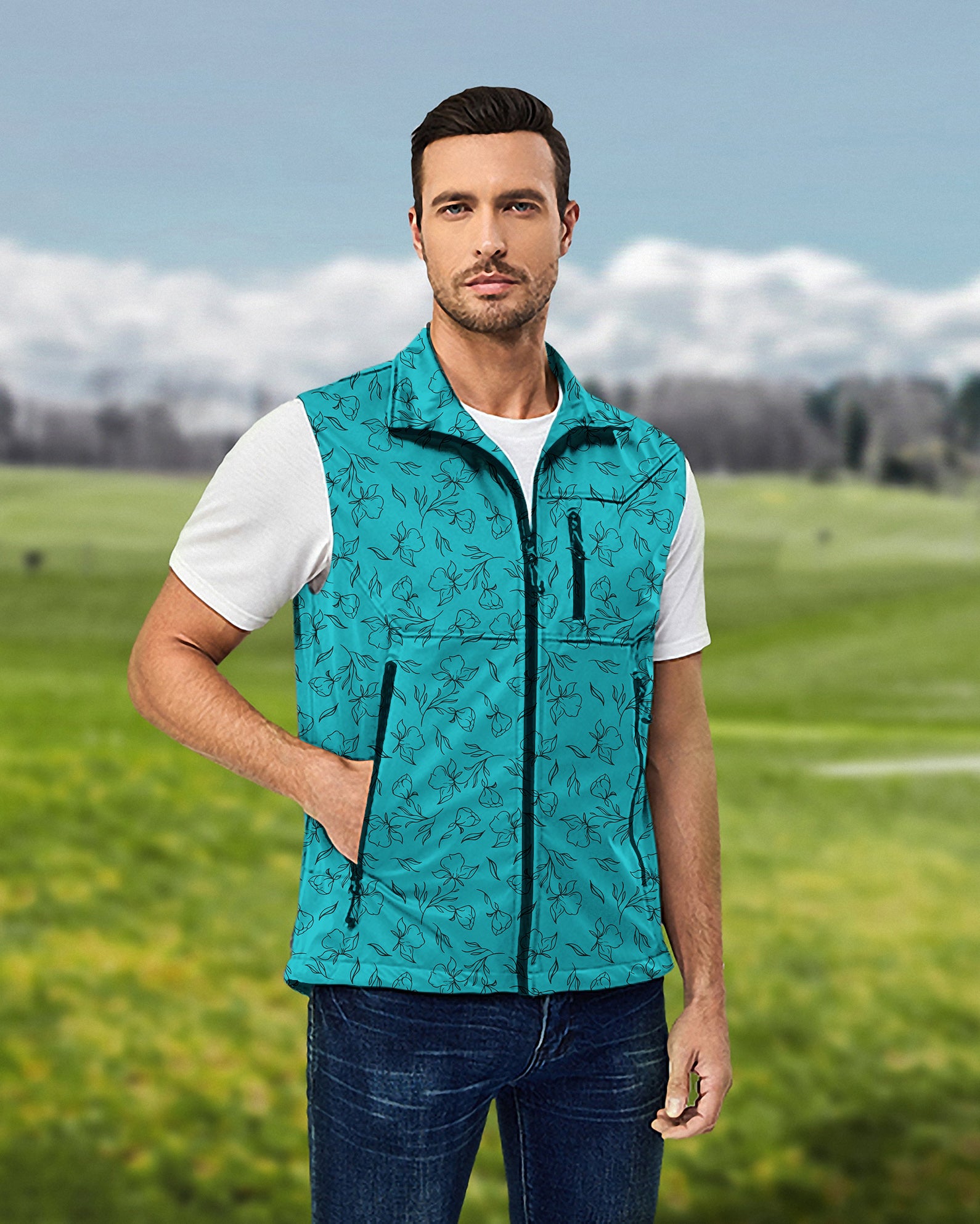 Men's flowers teal Lightweight Softshell Vest Sleeveless Jacket for Golf Windproof Waterproof limited edition
