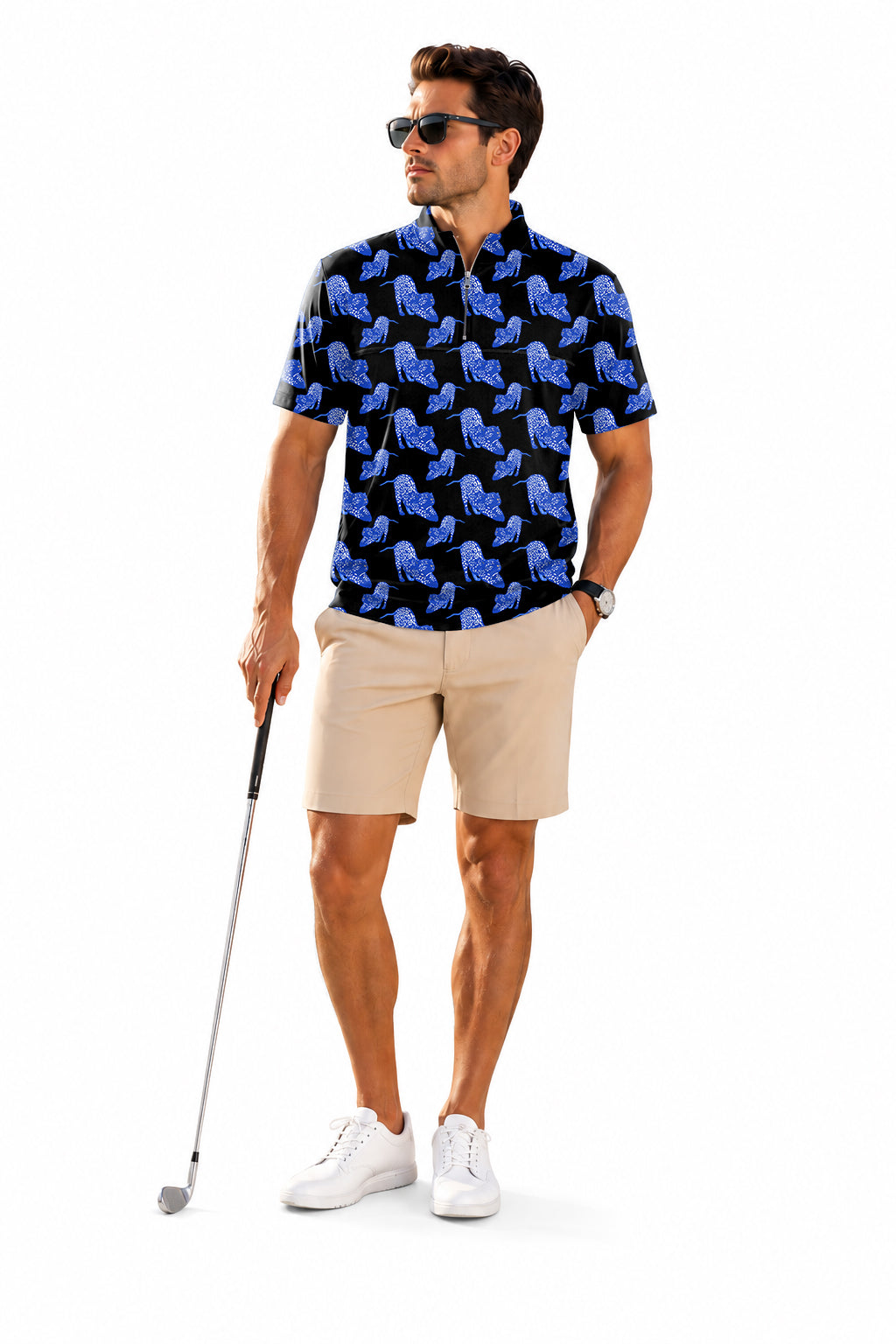 Men's Short Sleeve Quarter Zip Golf Pullover   Blue Jaguar Embroidery