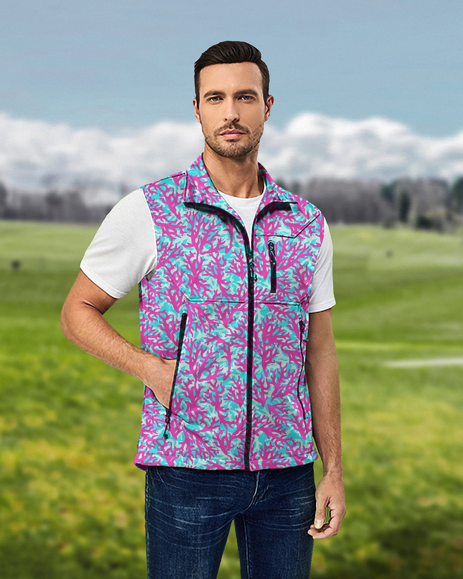 Men's Coral Reef Lightweight Softshell Vest Sleeveless Jacket for Golf Windproof Waterproof