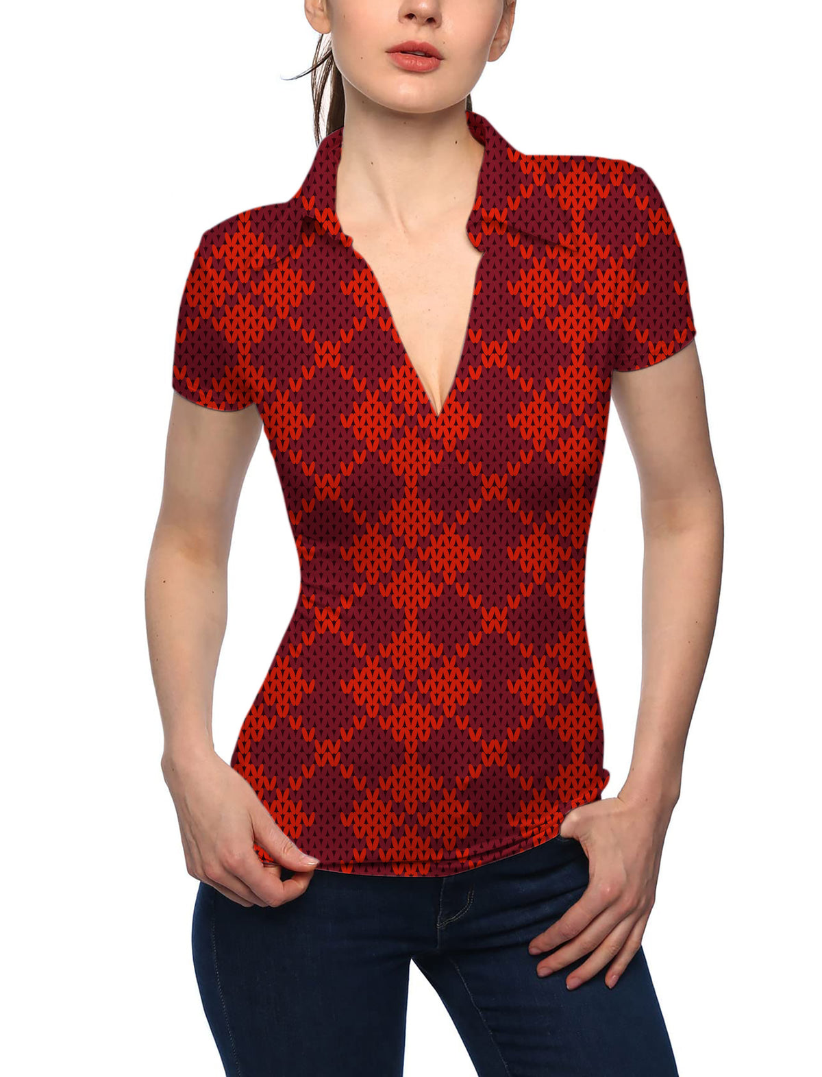 Women's Christmas Red V Neck Golf Polo