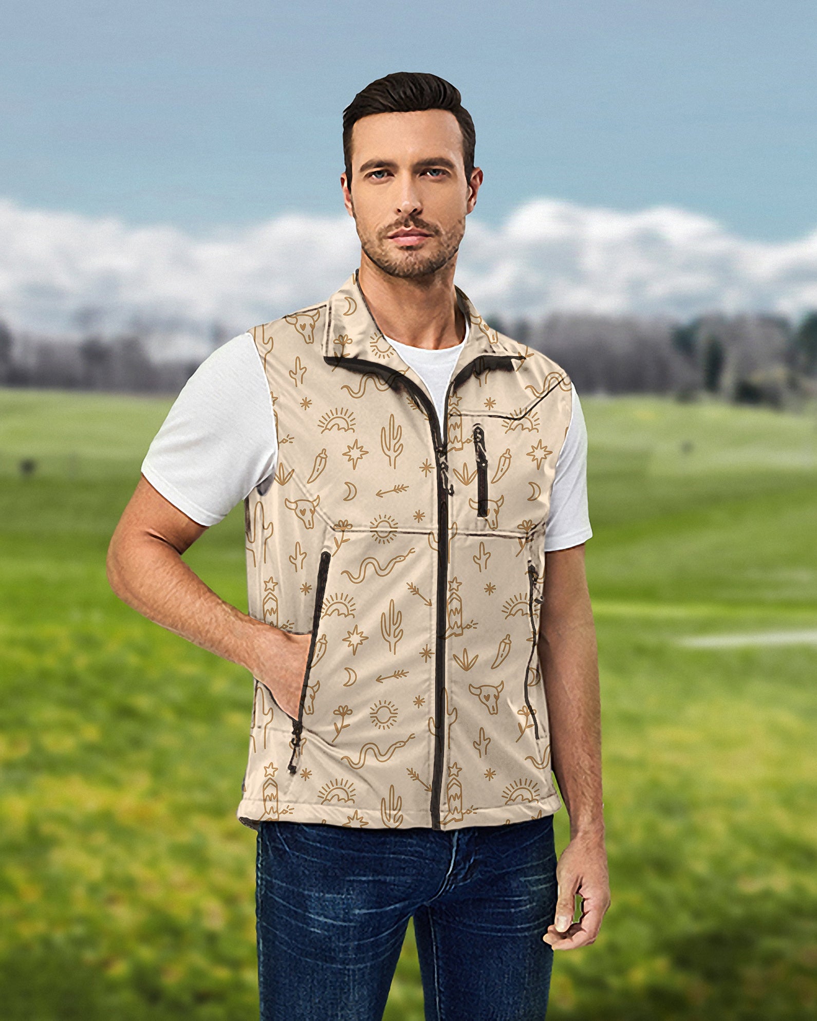 Men's Western Vibes Lightweight Softshell Vest Sleeveless Jacket for Golf Windproof Waterproof