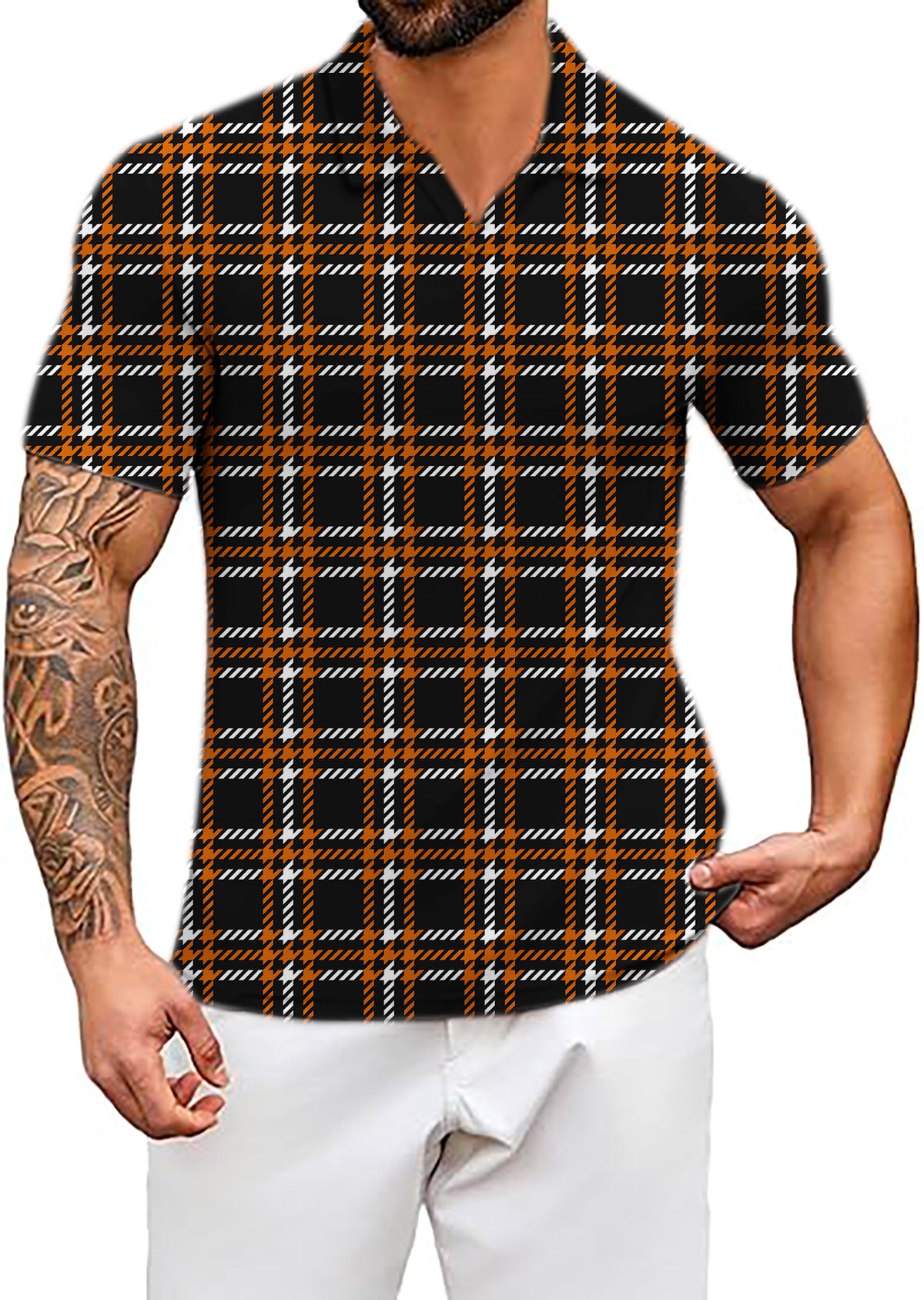 Men's Halloween black yellow white grid V Neck Golf Polo Shirts