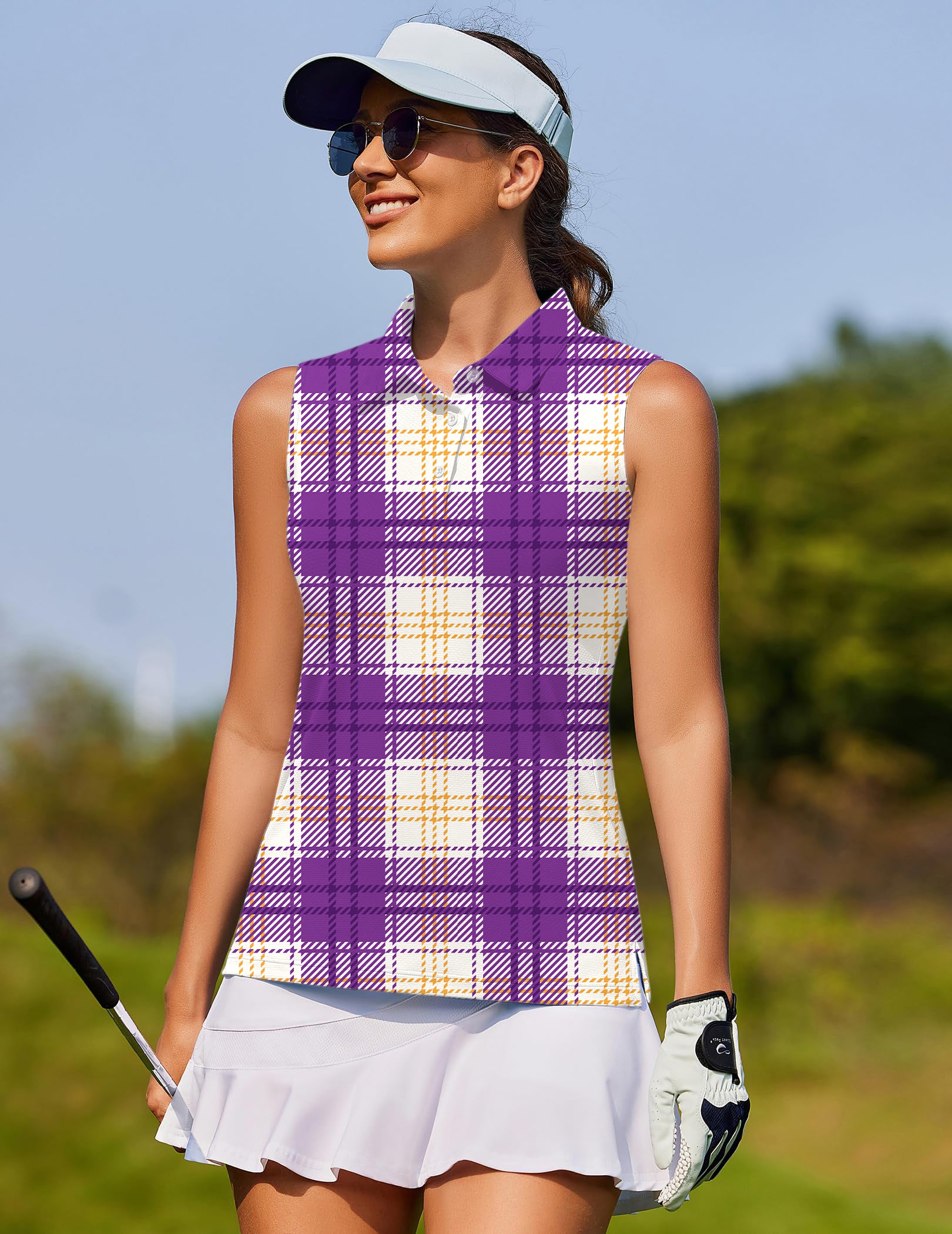 Halloween purple and yellow grid pattern Women's golf Sleeveless shirt