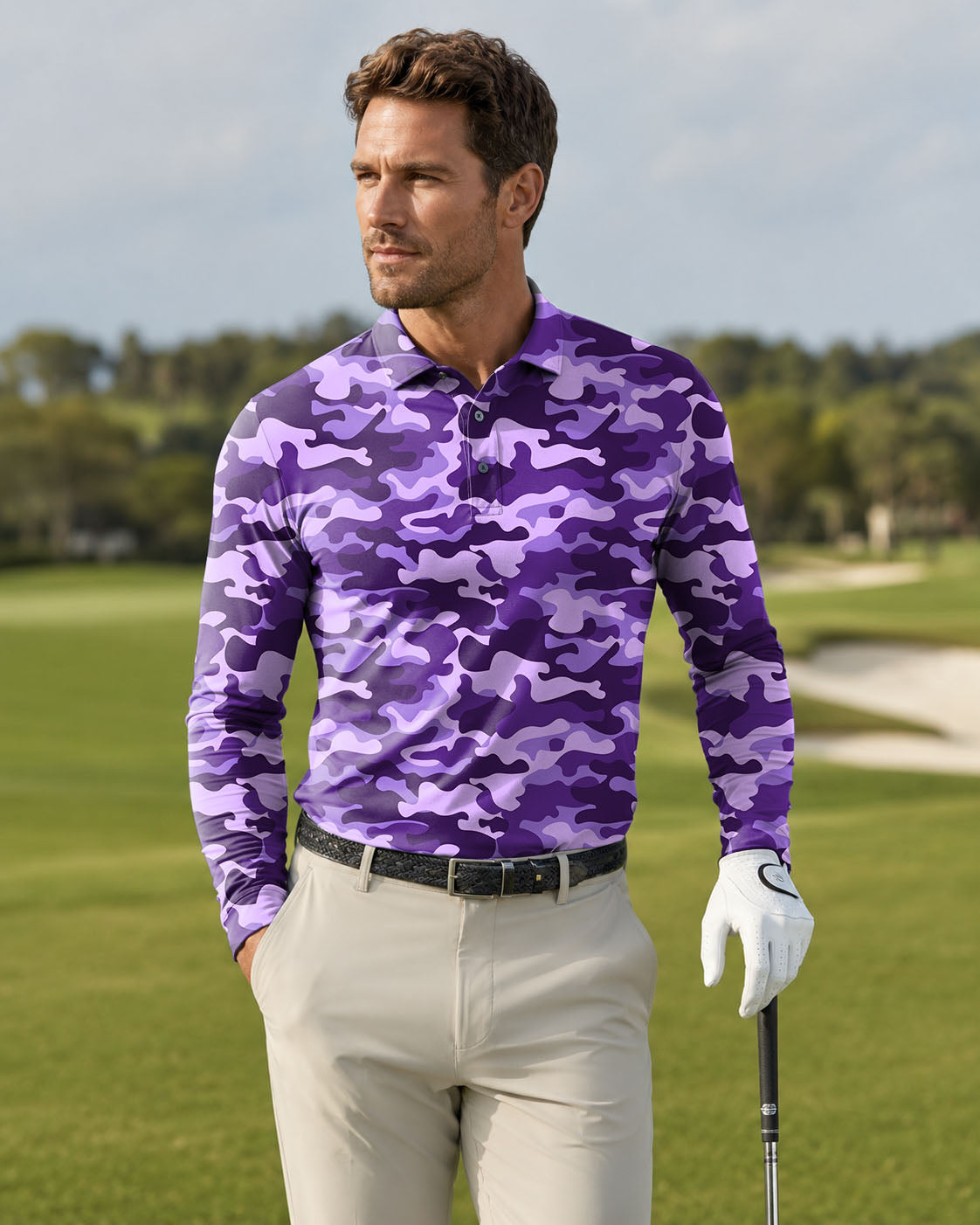 Men's Purple Camo golf Long-sleeved Polo