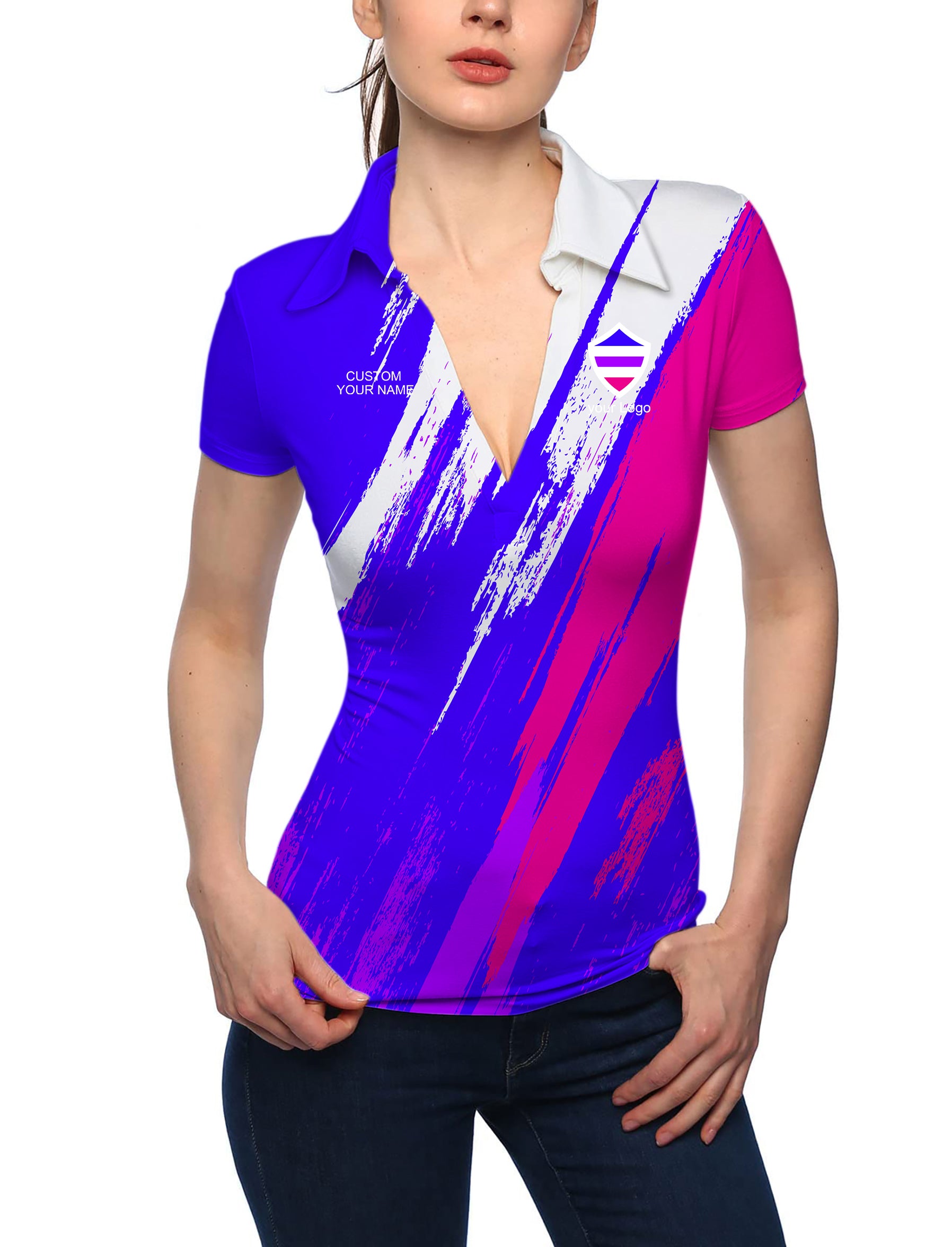 Women's blue purple pink sport Team V Neck Golf Polo