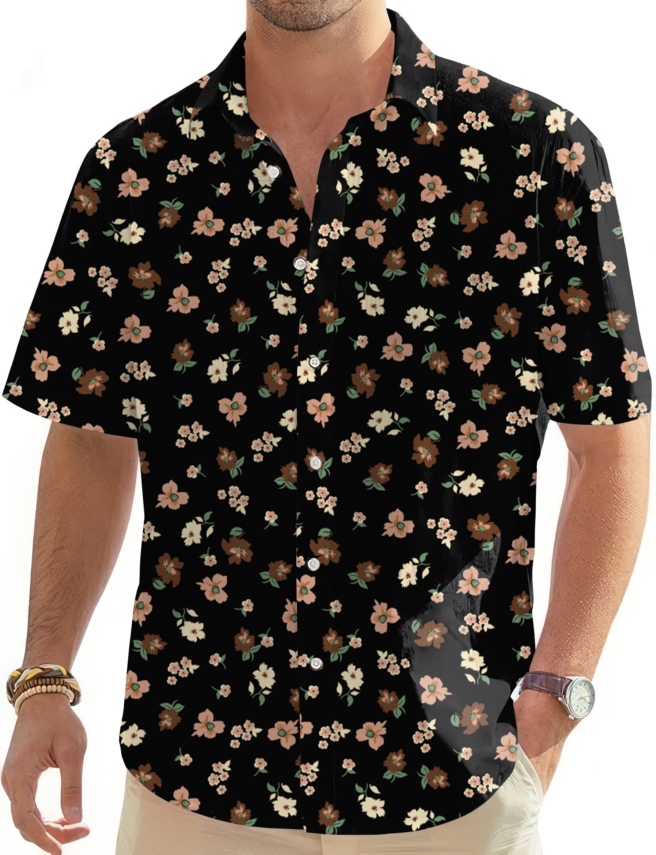 black flower-Men's Golf Hawaiian Shirts Button Down Shirt