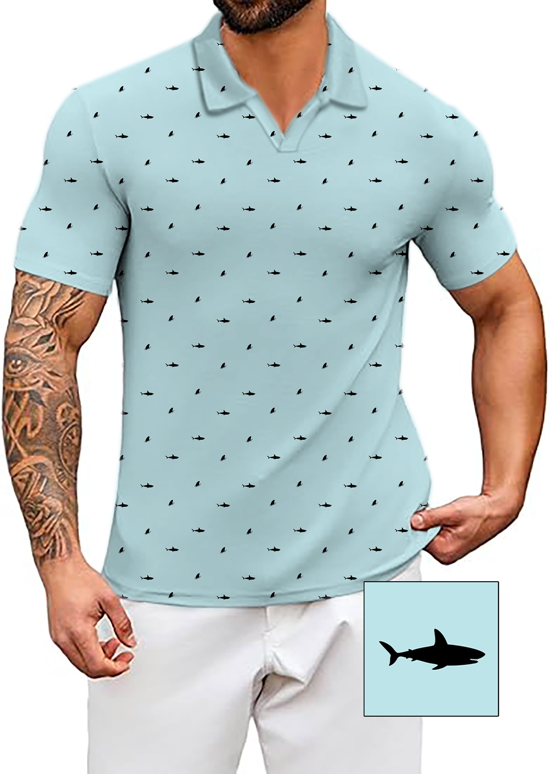 Men's Coconut Palm Black Shark and Fin Custom The Background Color V Neck Golf Polo Shirts